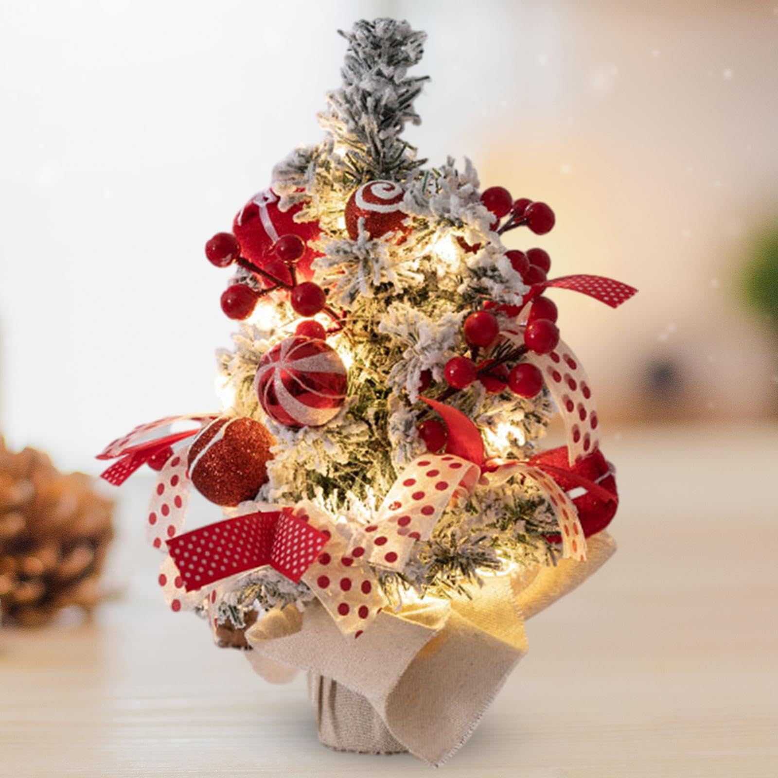 Oshhni Mini-Weihnachtsbaum mit LED-Lichtern, Tisch-Weihnachtsbaumschmuck für Zuhause, Büro, Zuhause, Küche, Esstisch-Dekoration, rot und weiß 30cm