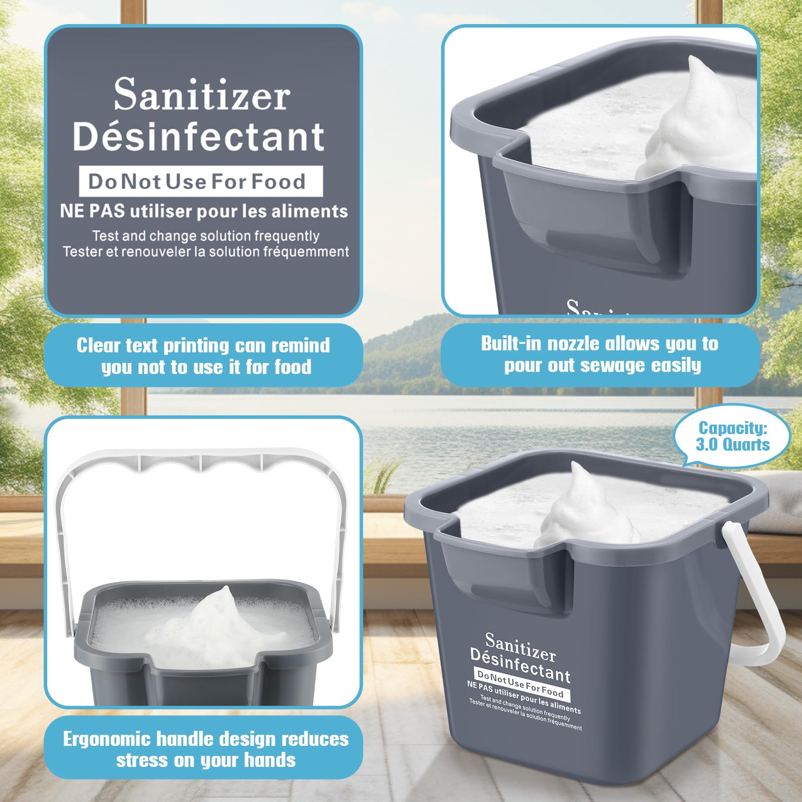 Vesici 6 juegos de cubos de limpieza de 3 cuartos con paños de limpieza de microfibra, cubo cuadrado desinfectante pequeño detergente de plástico con asa para uso doméstico, restaurante, oficina,