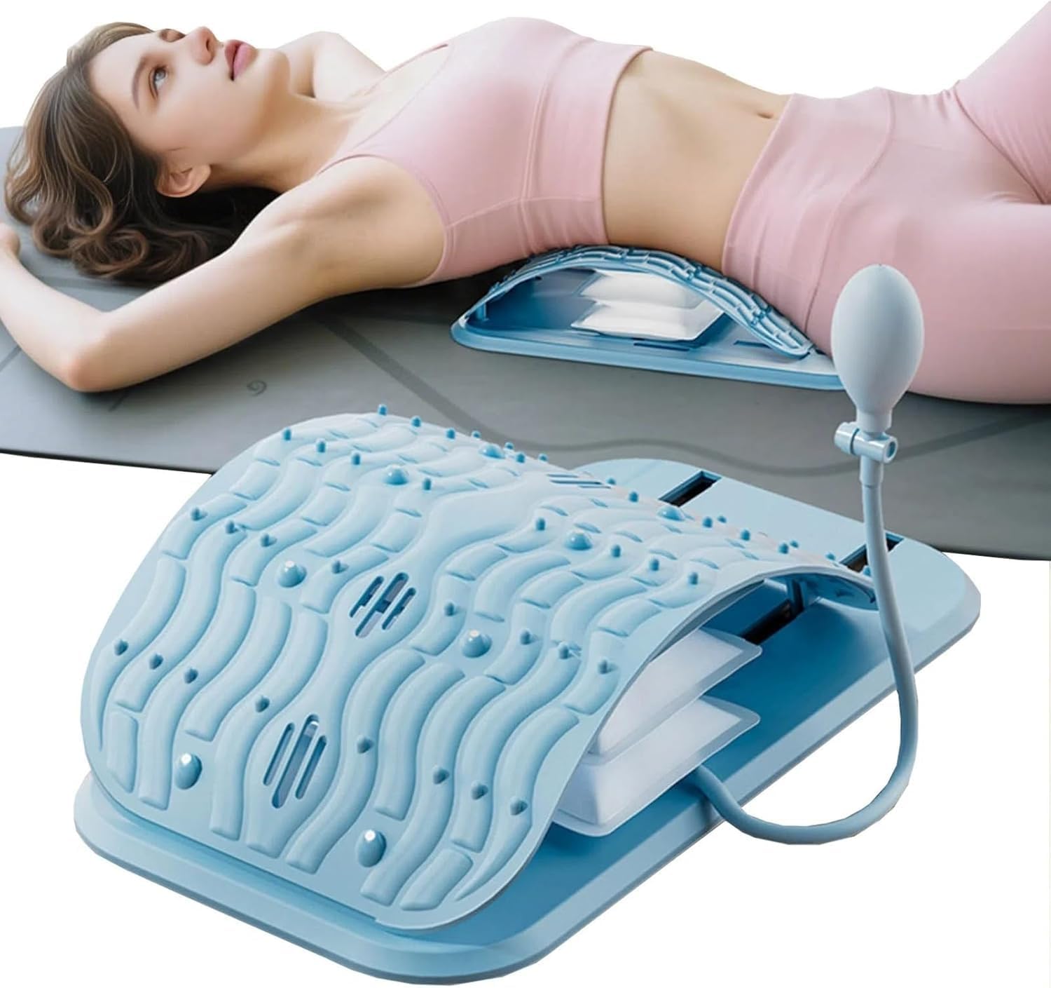 Tazweeq Back Stretcher Device, Adjustable Air Compression Mat for Spinal Decompression, Lower and Upper Back Stretcher Support and Pain Relief (Blue)