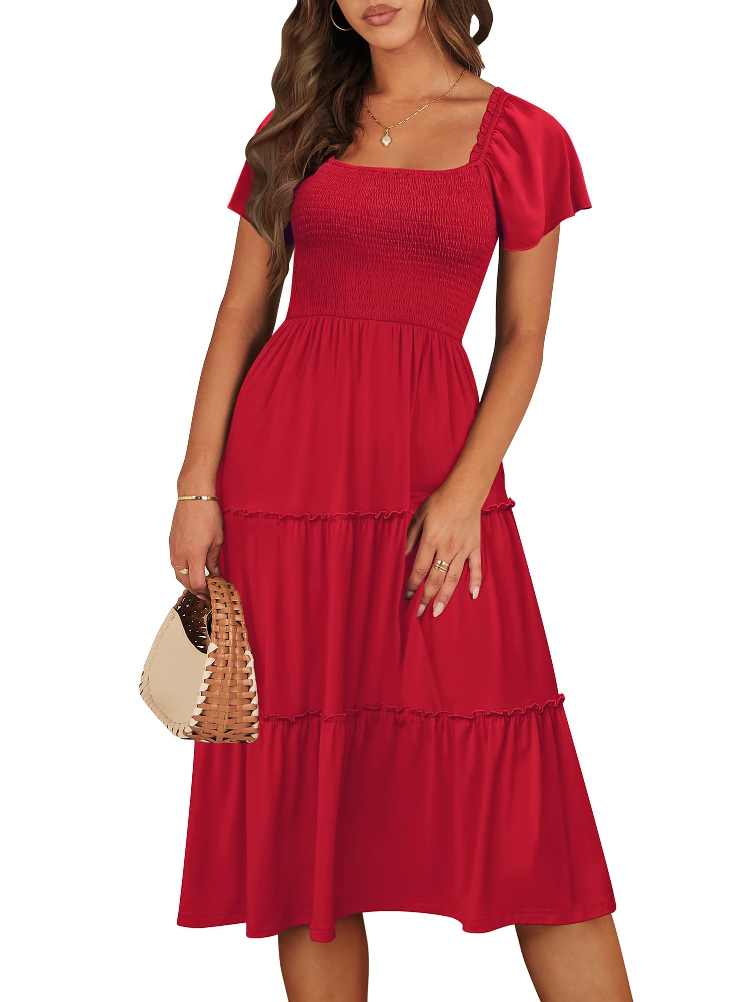 ANRABESS Women Summer Casual Square Neck Flutter Sleeve Boho Smocked A-Line Flowy Tiered Modest Midi Sun Dress with Pockets