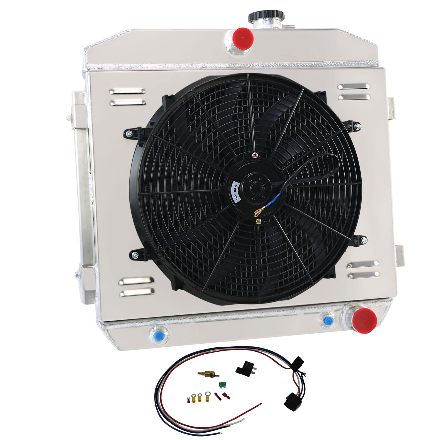 4 Core Aluminum Radiator+Shroud Fan+Relay Kit Compatible For 1955-1957 Chevy Bel Air Del Ray V8 Mount SUPPORT,US SHIPPING Radiator