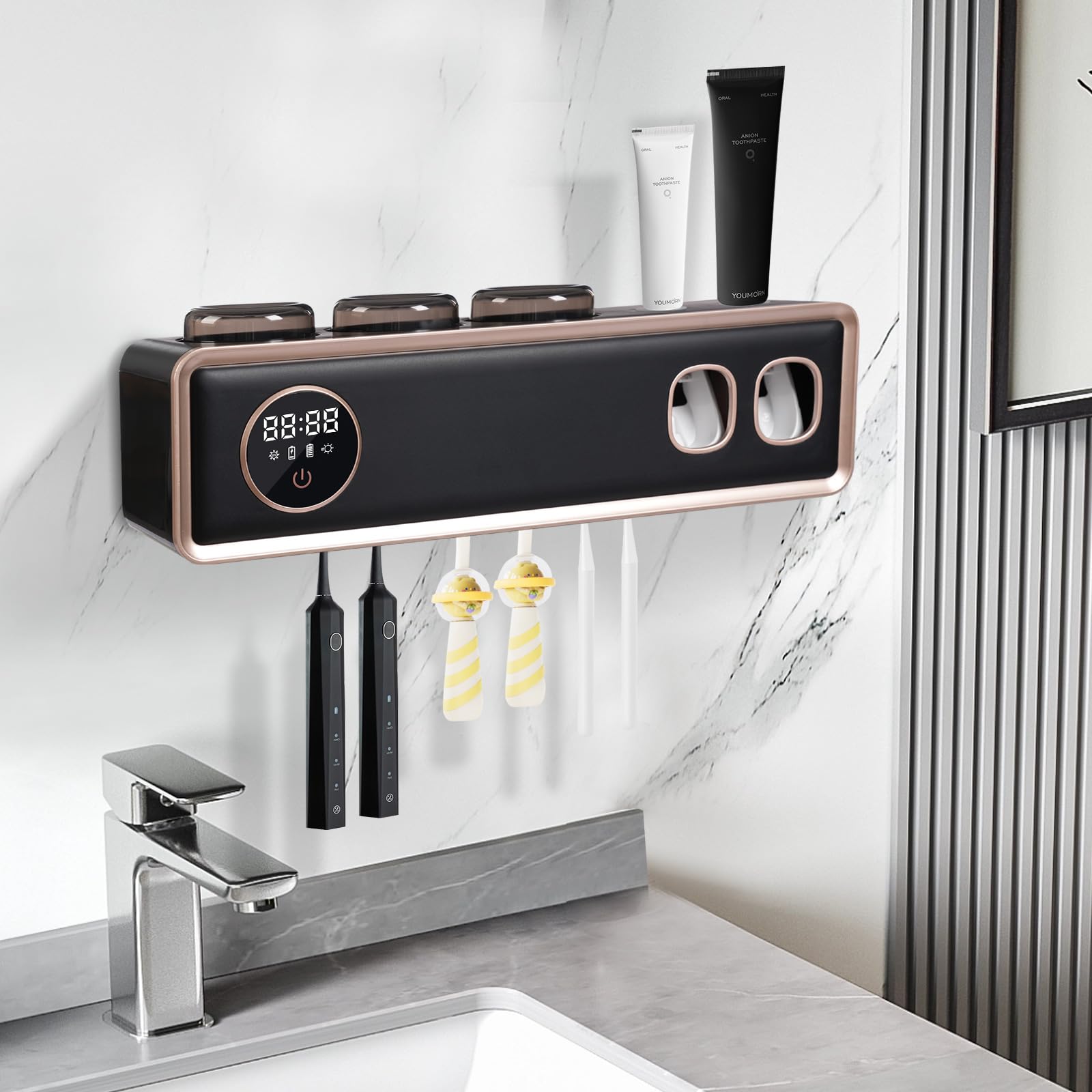 Cepillo de dientes desinfectante UV, soporte para cepillo de dientes con indicador LED, montaje en pared, dispensador de pasta de dientes, recargable por USB, 30 días con una sola carga (negro)