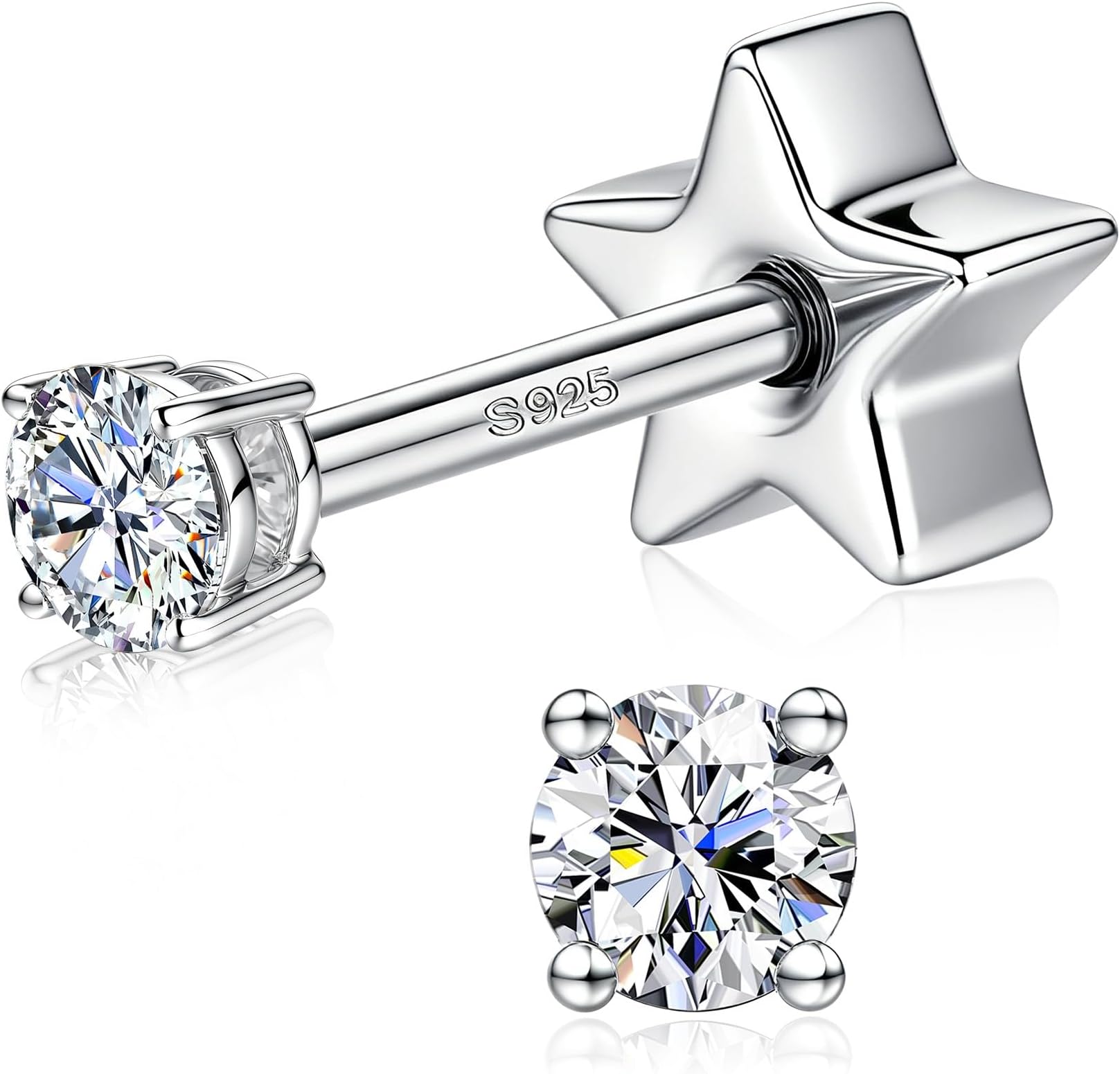 Moissanite Earrings Studs - 925 Sterling Silver Earrings for Women Men 14K Gold Plated Double Sided Star Flat Back Stud Earring Hypoallergenic Small Cartilage Helix Piercing Jewelry D Color VVS1