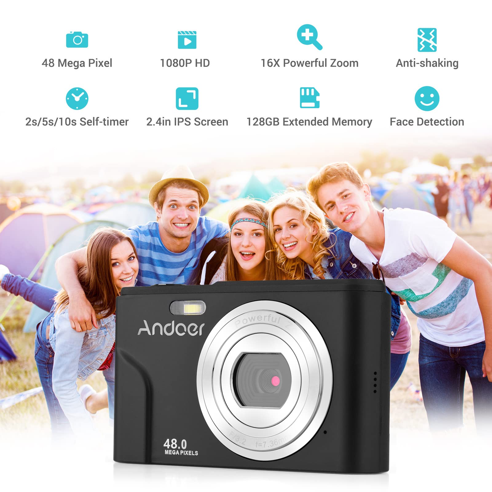 Andoer Aparat cyfrowy 48 MP 1080p 2,4-calowy ekran IPS 16-krotny zoom autofokus samowyzwalacz 128 GB rozszerzona pamięć, rozpoznawanie twarzy, funkcja anti-shaking z 2 bateriami, pasek na rękę, torba do przenoszenia