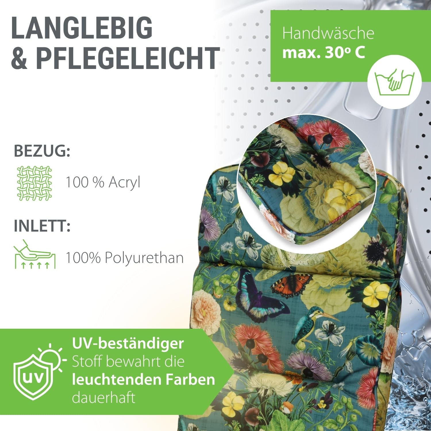 Auflage Hochlehner Butterfly I Gartenstuhl Polster 123x50x9cm I hochwertige und Pflegeleichte Sesselauflage I Wetter- und formbeständige Stuhlauflage I KTH3 Sitzauflage