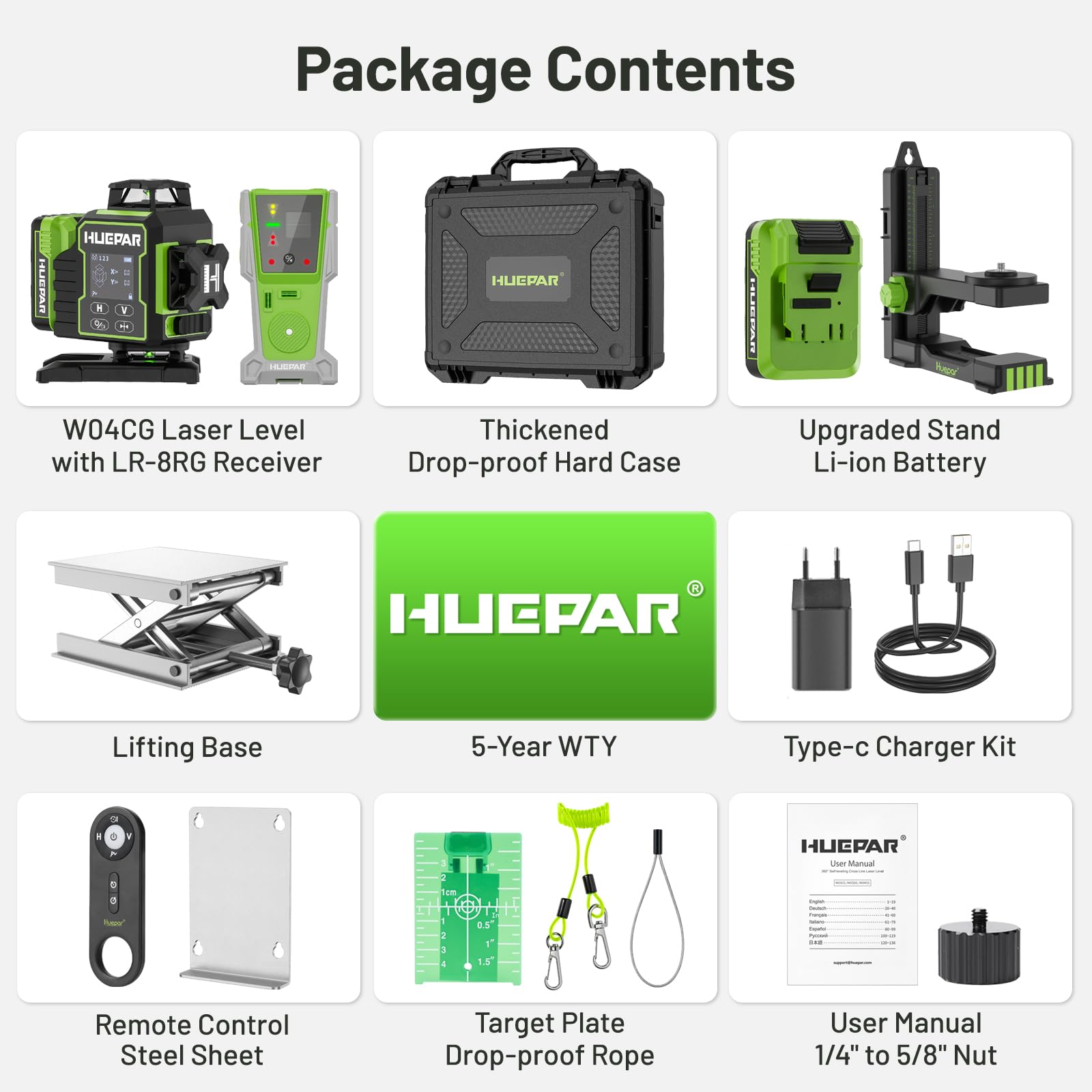 Huepar Niveau Laser Chantier Autonivelant 360°x4 avec récepteur, Laser Niveaux rotatif 4D 16 Lignes Laser,Mode Pulsé Extérieur ou longue distance pour construction W04 8RG,Cadeau pour Papa