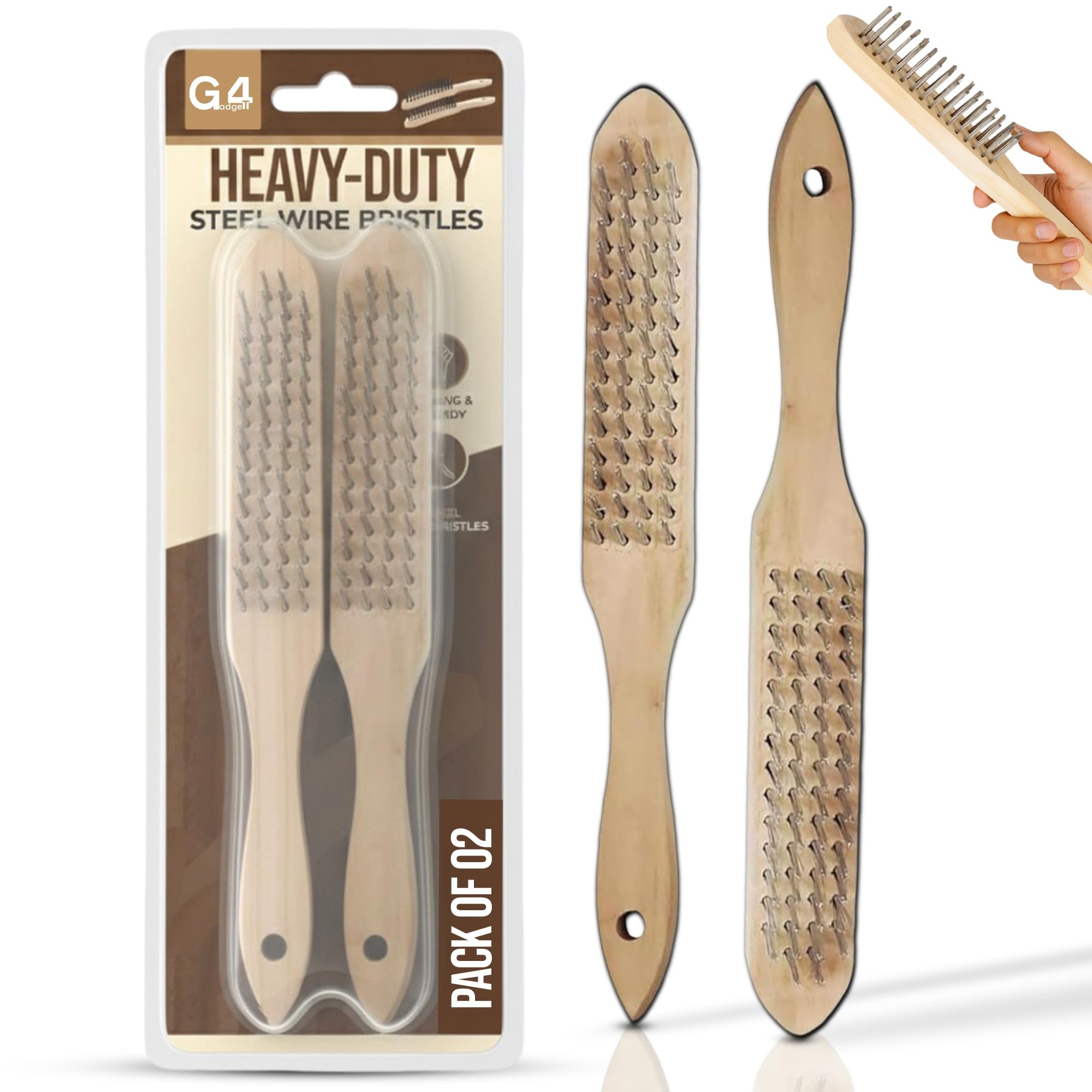 G4GADGET Wooden Wire Brush Set of 2 – 4 Row Steel Bristles for Rust Removal, Paint Cleaning, and Surface Pre-Treatment – Ideal for Metal, Wood, Stone & More