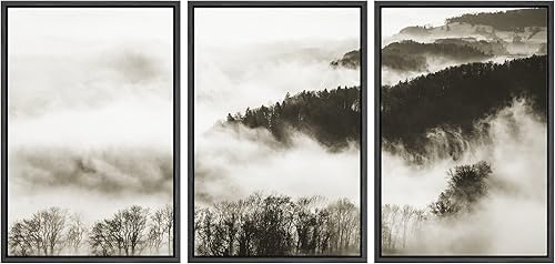 Miniatura 8 de SIGNWIN Lienzo enmarcado para pared, juego de decoración de guardería de bosque, grano de película, retro, bosque blanco y negro, valle de la