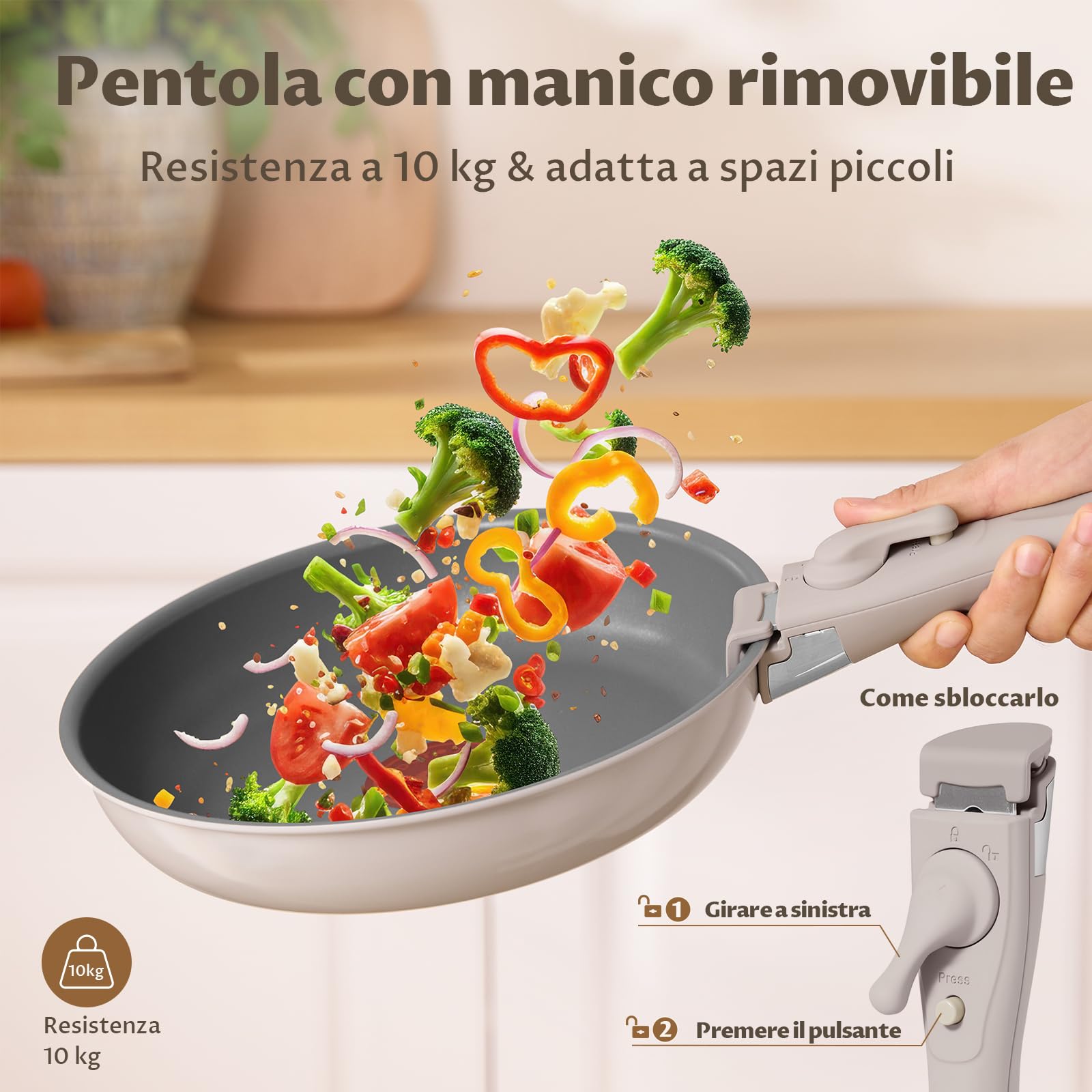 BLAZANT Padelle Antiaderenti Induzione Set con Manico Rimovibile, Padella Ceramica PFAS-free per Piccole Cucine, Camper e Famiglie, Risparmia Spazio, Adatte a Forno, 7 Pezzi 20/24/28 cm