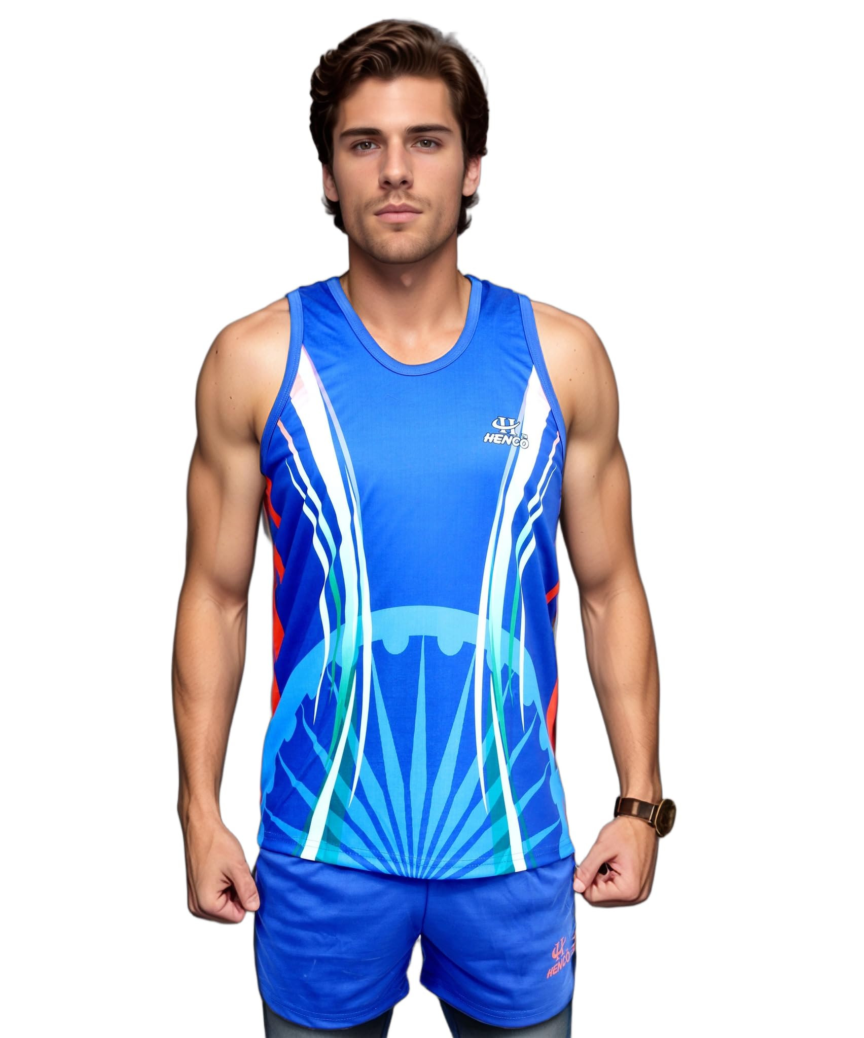 HENCO Royal Blue Sublimation Athletic Sando kit (Sando & Shorts Combo) Running kit for Multi Sports, Yoga, Volleyball, Tennis,Cycling, Badminton, Gym & Fitness Wear for Men/Women
