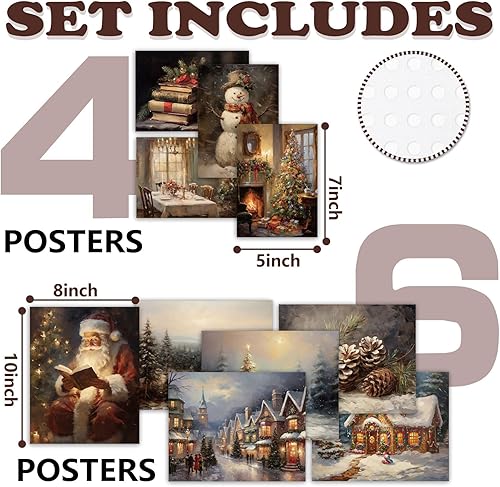 Miniatura 2 de Whaline 10 hojas de arte de pared vintage de Navidad, escena de nieve, Papá Noel, árbol de Navidad, pósteres retro cálidos de temporada, arte de