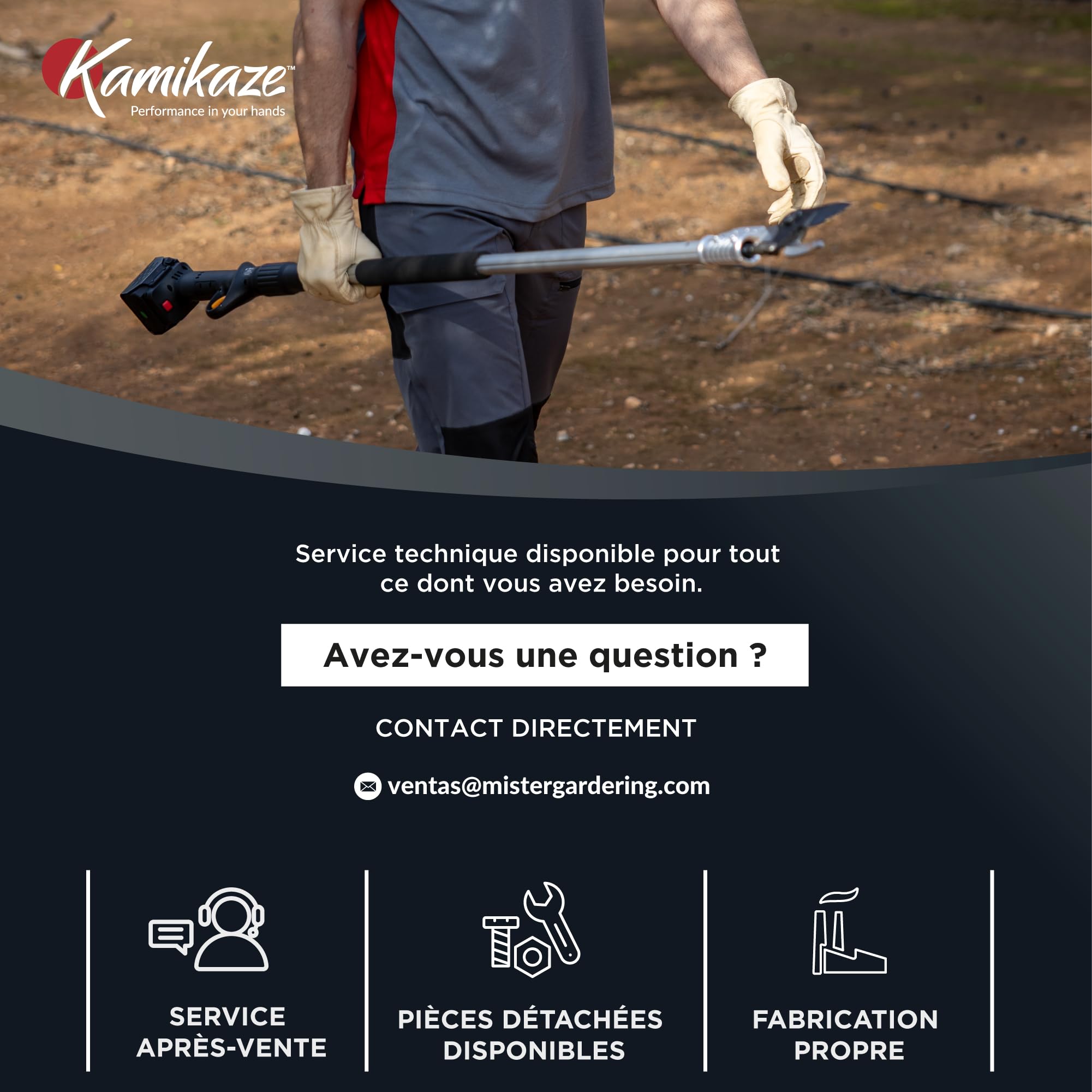 KAMIKAZE KV105. Perche d’élagage sans fil pour la taille en hauteur. Coupe Ø 38 mm. Longueur de la perche : 99 cm. Jusqu’à 8 heures d’autonomie. Comprend deux batteries lithium rechargeables.
