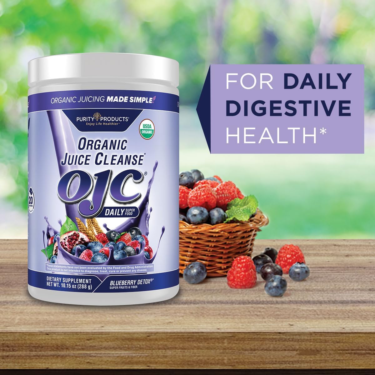 Purity Products OJC Blueberry Detox - Certified Organic Juice Cleanse Bloat + Gas Relief- Ft. OptiBiome Probiotics, Organic Super Fruits + 4 Grams Organic Psyllium Fiber - Vegan - 30 Day Supply