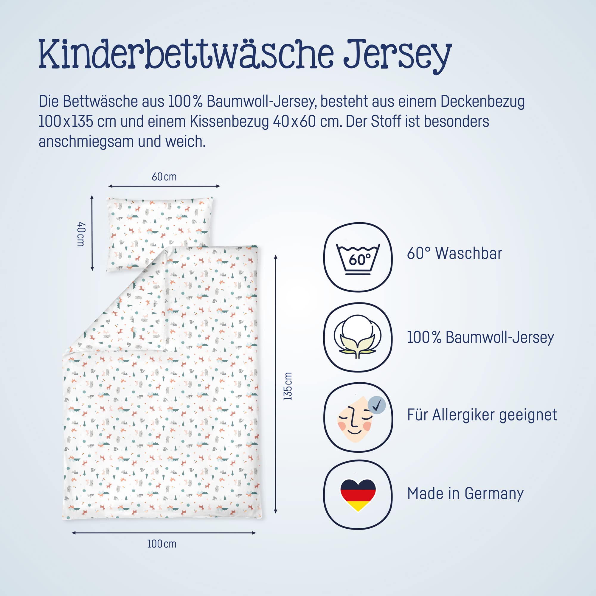 Julius Zöllner Jersey - pościel dziecięca 100 x 135 + 40 x 60 cm, 2-częściowy zestaw poszewek na kołdrę i poszewki na poduszkę, 100% bawełna dżersejowa, z zamkiem błyskawicznym, Standard 100 by