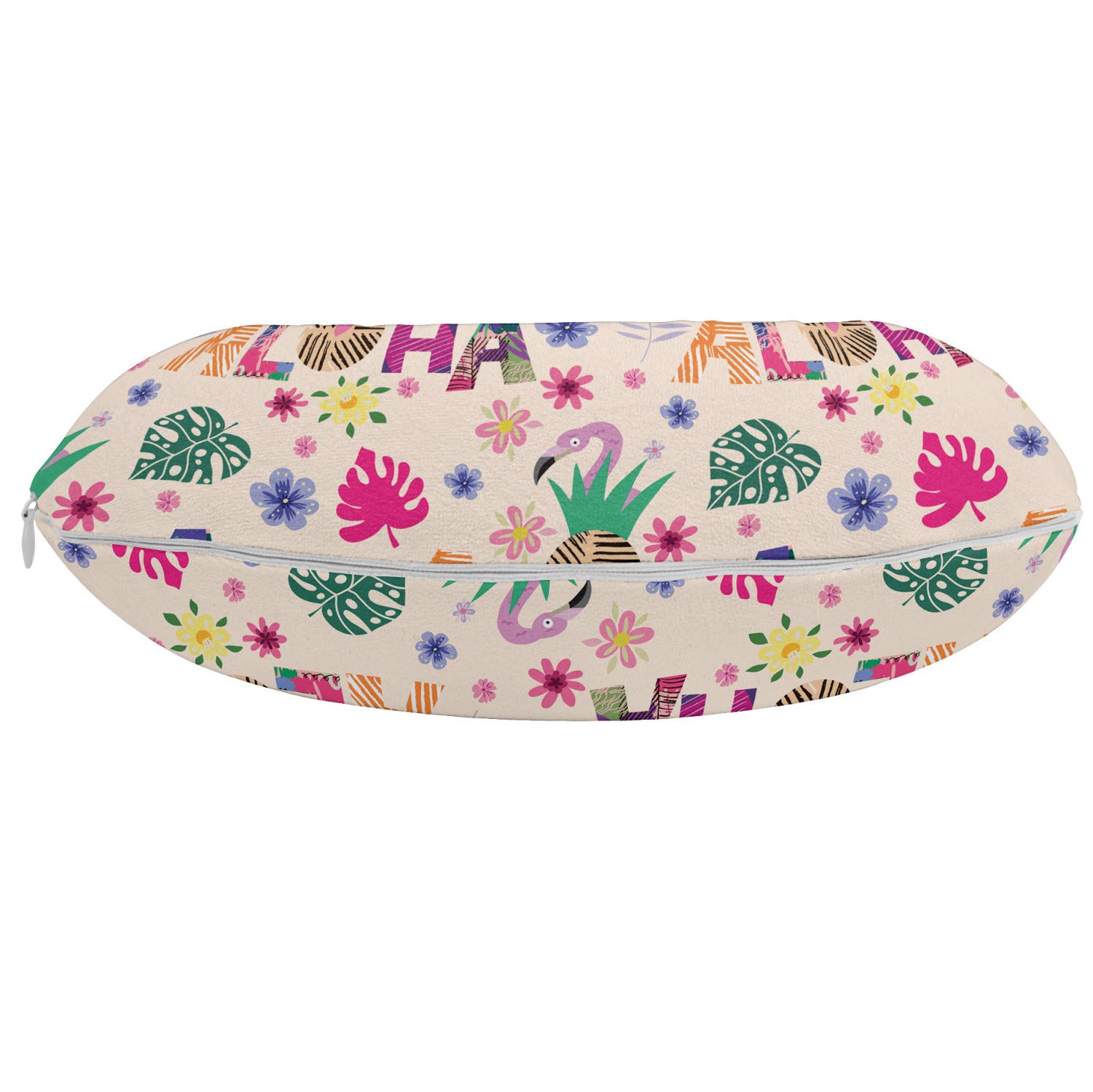 Ambesonne Tropical Travel Pillow Neck Rest, Illustration of Colorful Hawaiian Elements Flowers Aloha Lettering Flamingo, Memory Foam Traveling Accessory for Airplane and Car, 12