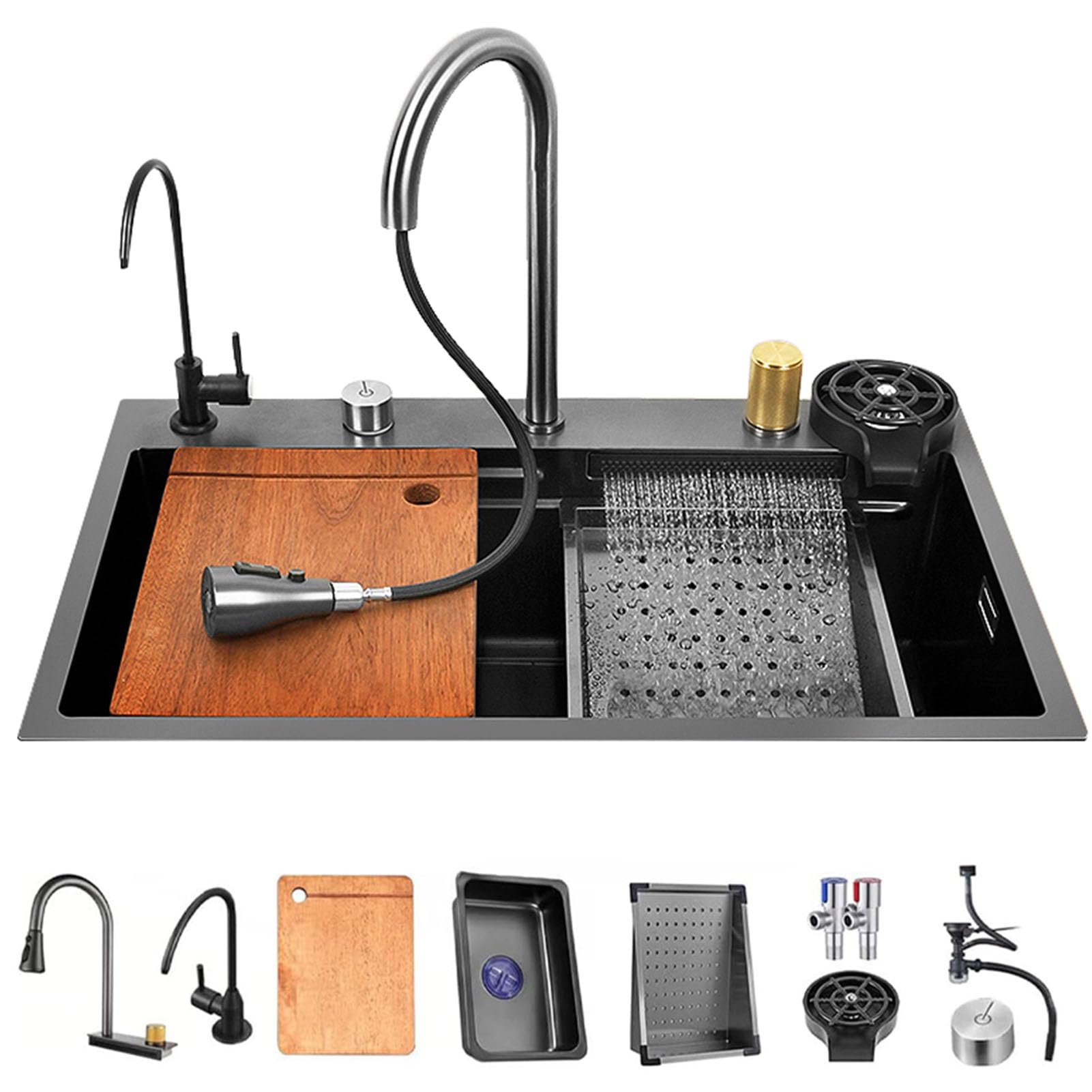 WIQUYBML Black Kitchen Sink, Flying Rain Waterfall Sink,304 Stainless Steel Bar Home Sink Vegetable Basin Single Drop-in Workstation (Color : D, Size 75x45cm)