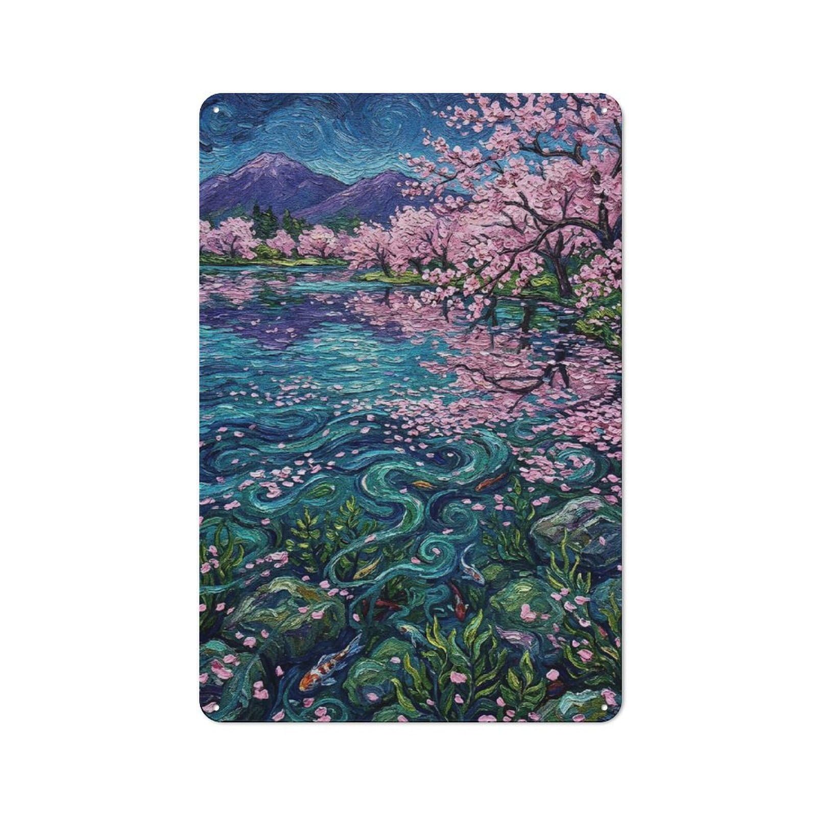 Junmoney Style-3 Tin Sign 30X20cm With Cherry Blossom Lake With Koi Fish Painting For Garage Wall, Rustic Decor, For Kitchen, Dining Room And Home Bar Wall Decor