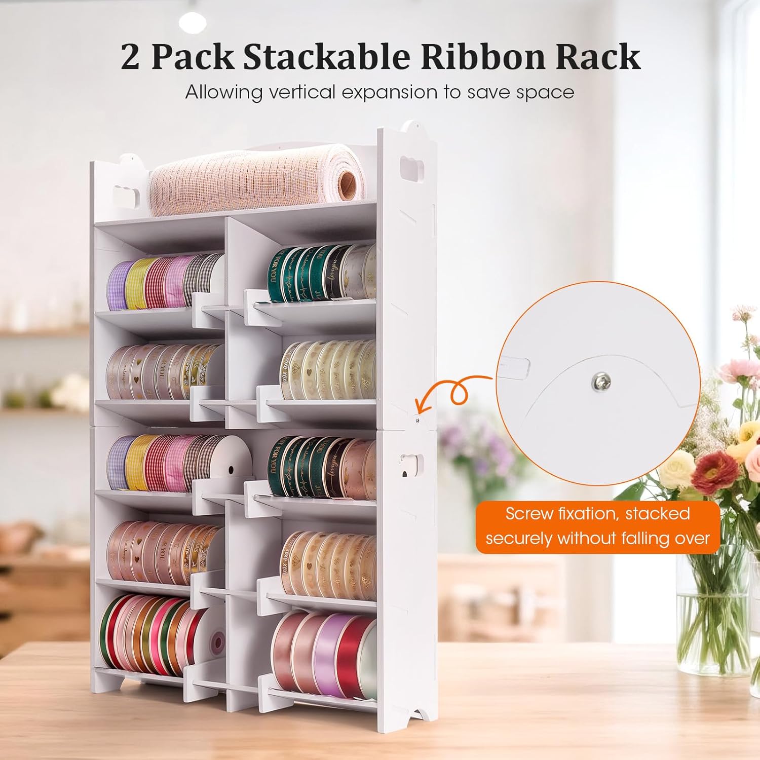 Krafetto 2 Pack Stackable Small Roll Ribbon Storage Organizer Rack, Wall-Mountable Ribbon Holder Rack for Craft Room, Desktop Ribbon Spool Holder for Ribbons up to 4" in Diameter