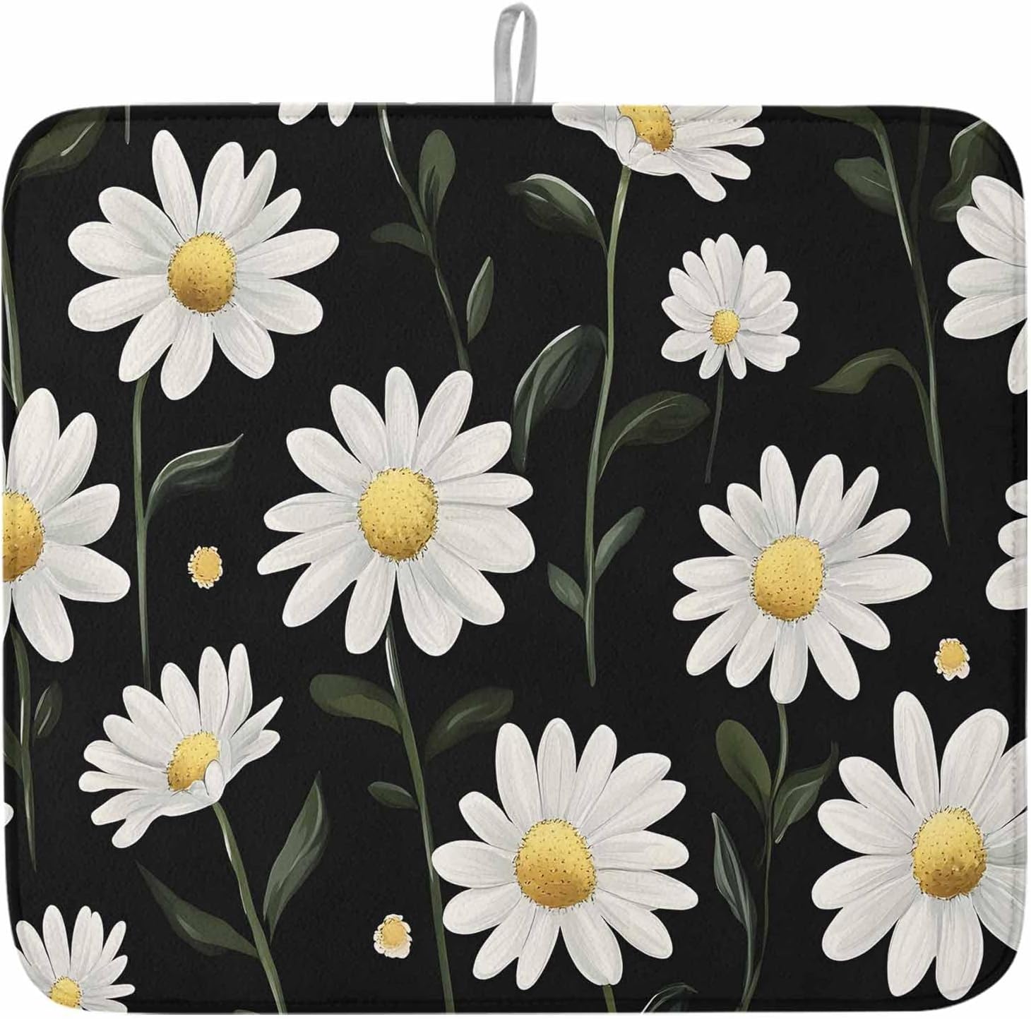 Dish Drying Mat Set of 2 White Daisy Flowers Microfiber Absorbent Reusable Washable Dish Drying Rack Mat Black Vintage Coffee Mat for Coffee Maker Bar Kitchen Countertops 16x18inch