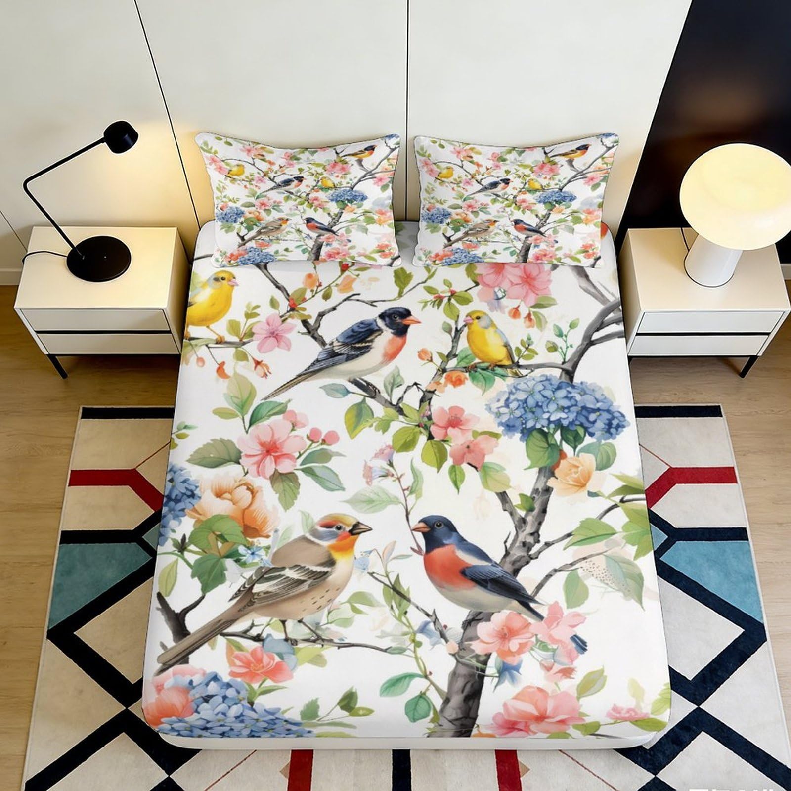 3D Printed Colorful Bird Fitted Sheet Microfiber Floral Branch Mattress Cover for Bedroom Guest Room Decor Washable 90x200x25cm