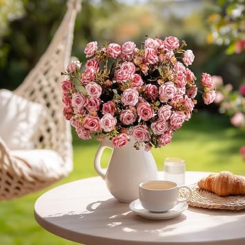 Artificial Rose Flowers for Outdoor 4 Bundles Rose Bouquet with Daisy Faux Flowers UV Resistant for Home Indoor Outside Garden Porch Window Box Balcony Yard Porch Fall Decor Pink