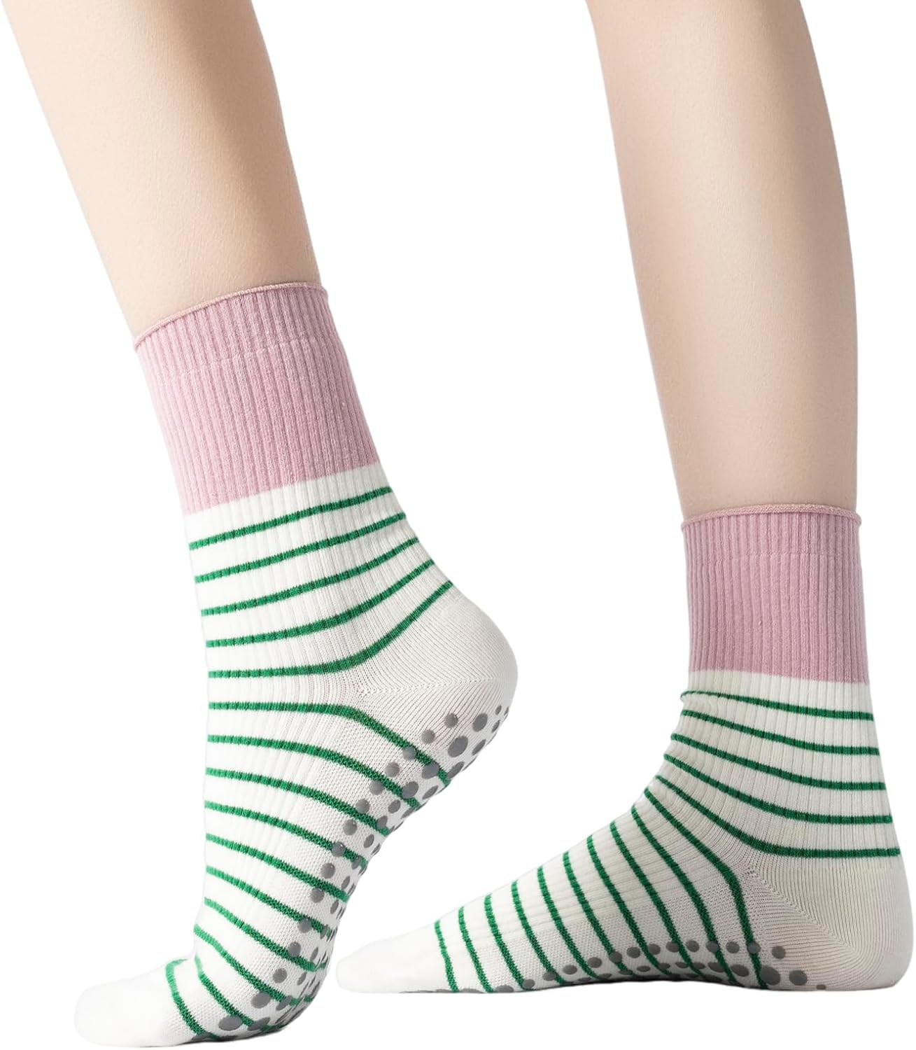 Yoga Pilates Socks with Grips for Women Non Slip Striped Cushioned Crew Socks for Barre Ballet Dance