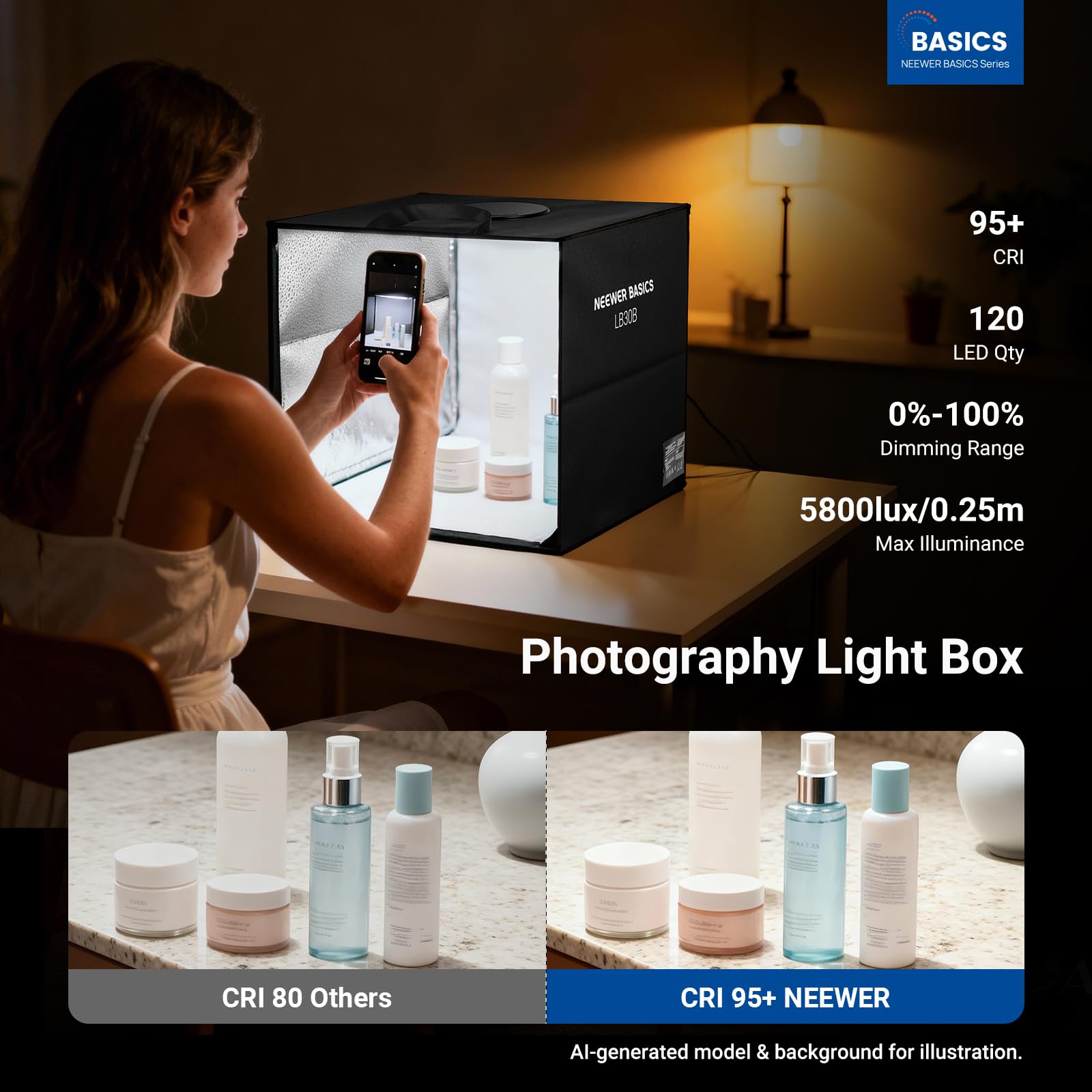 NEEWER Basics Bicolor Fotografía Estudio Caja Luz Light Box, 12"x12"x12" Plegable Booth Shooting Tent con 6 Color Fondos, 120 Leds CRI95+ Dimmable para Fotografía Joyería Electrónica Alimentos, LB30B