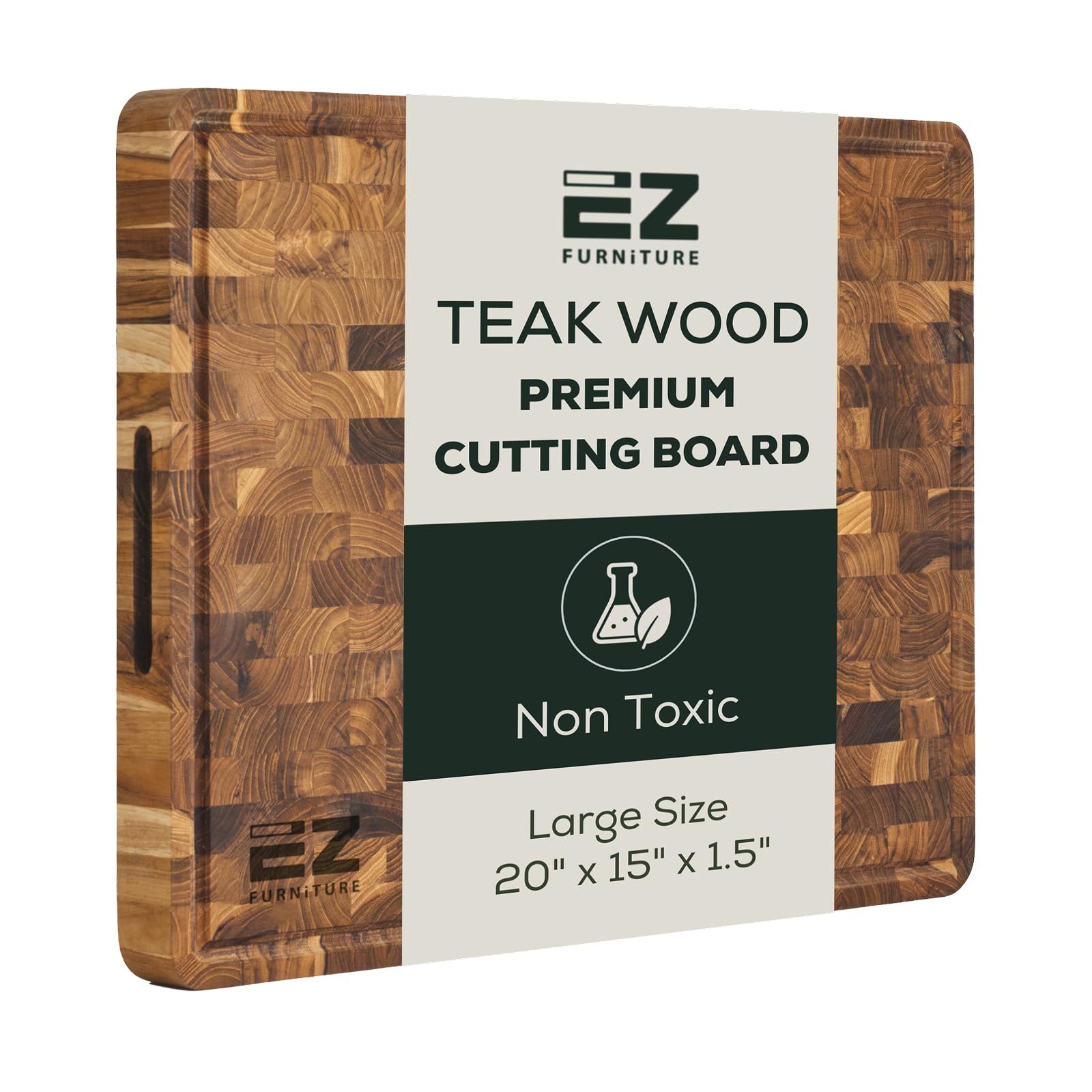 EZ FURNITURE Large (L) Teak End Grain Cutting Board, Reversible, Knife-Friendly Charcuterie Butcher Block with Juice Groove & Handles, Non-Toxic, Gift
