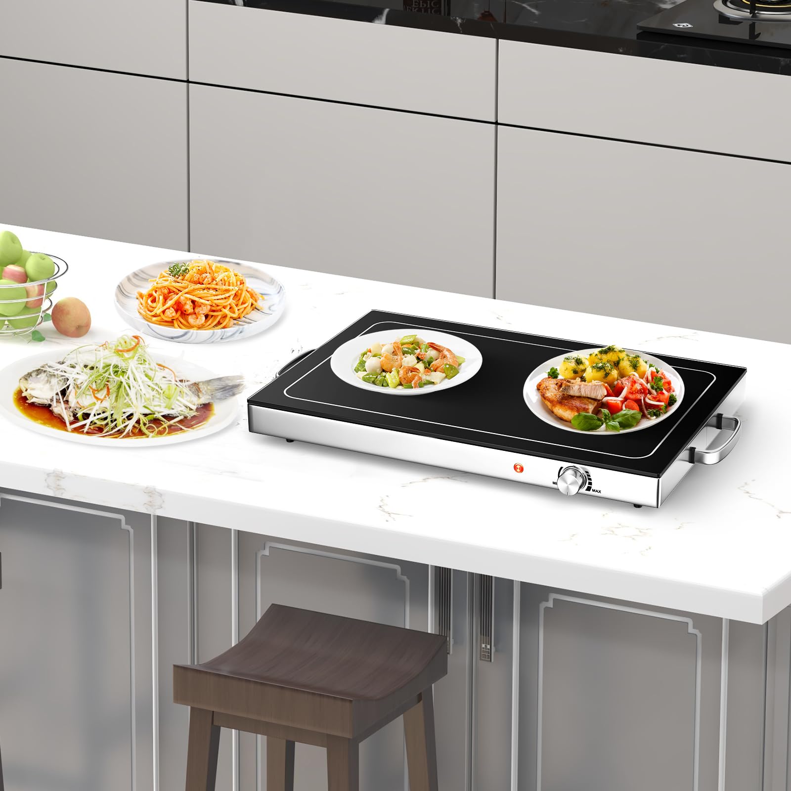 RELAX4LIFE Chauffe-Plat Électrique 300W avec Plaque en Verre Trempé 56 × 36 cm & Poignées Latérales en INOX pour Maintenir au Chaud, Traiteur, Buffet & Fête, Chauffe Rapide…