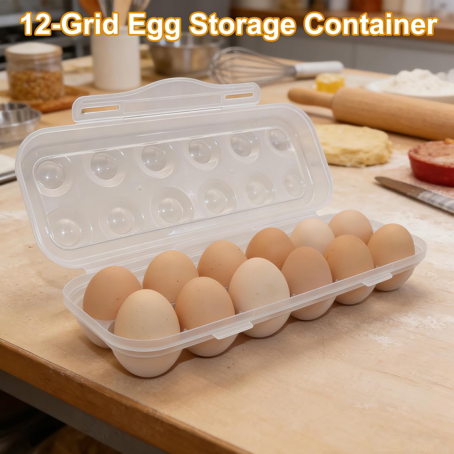 Egg Holder Plastic 12-Grids Egg Cartons Boiled Eggs Organizer Egg Containers with Lid and Safety Buckle for Refrigerator