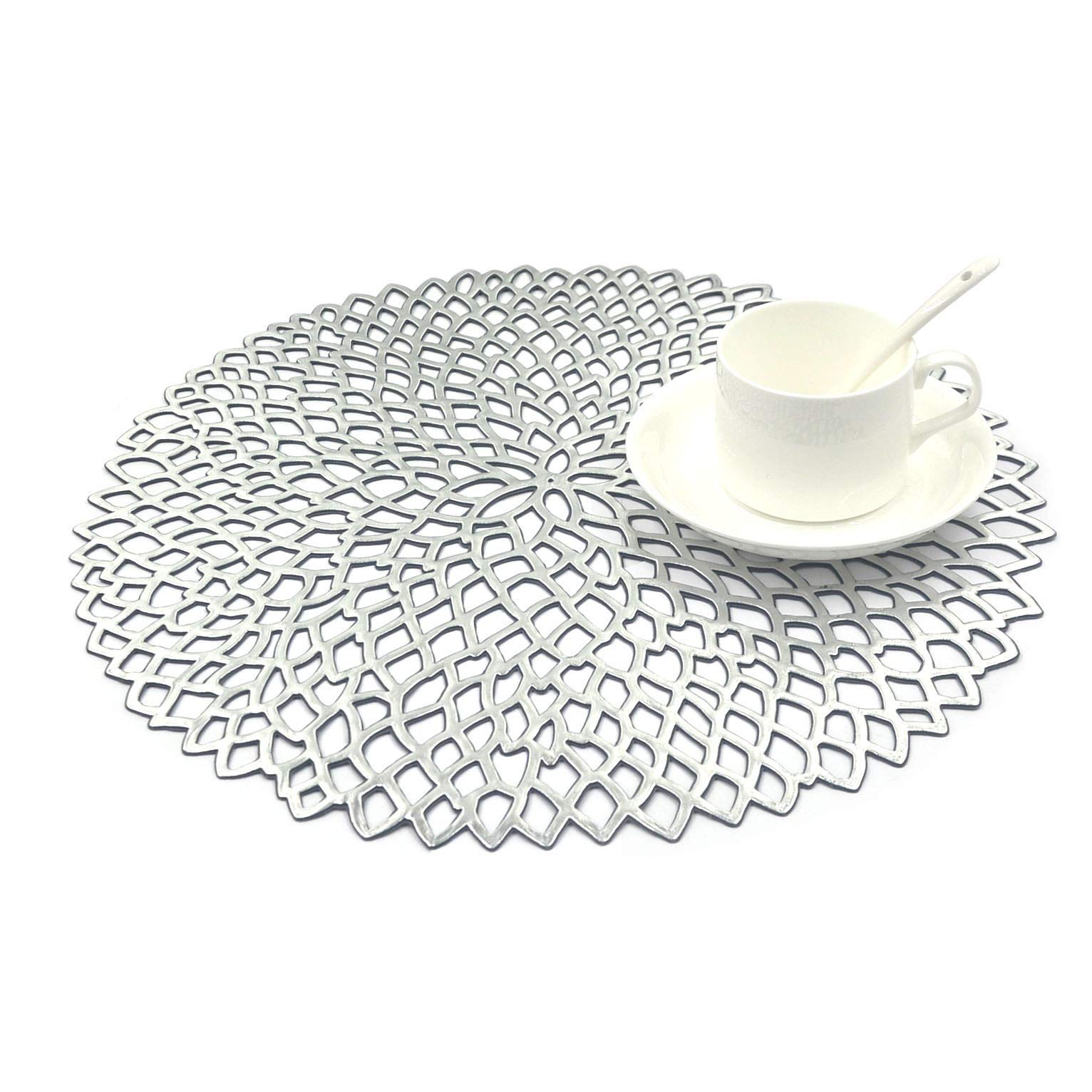 SCF2017 Flower PVC Placemats Hollow Table Mats Set of 4,Silver