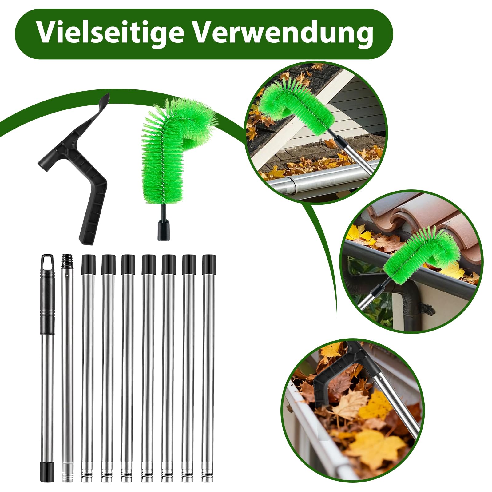 ACESOME Dachrinnenbürste 350cm Dachrinnenreiniger, Dachrinnen Reinigung, Teleskop Tachrinnenreiniger Leicht zu Zerlegen, für Reinigen von Blättern Schmutz Fenstern Dachrinnen Kronleuchtern (2 Bürsten)