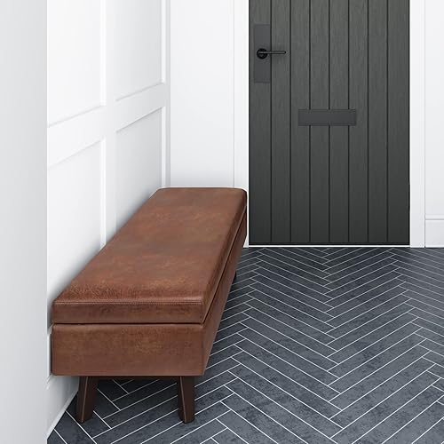 Miniatura 2 de Simpli Home Owen - Taburete rectangular de 48 pulgadas de ancho, con reposapiés de piel sintética para sala, color marrón Sillín café