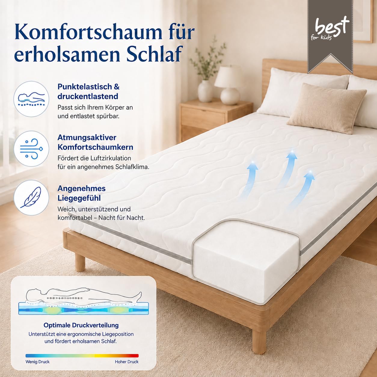 Easy Active Matelas en mousse froide pour enfant Disponible en 4 couleurs et 15 tailles différentes, housse facilement amovible et lavable