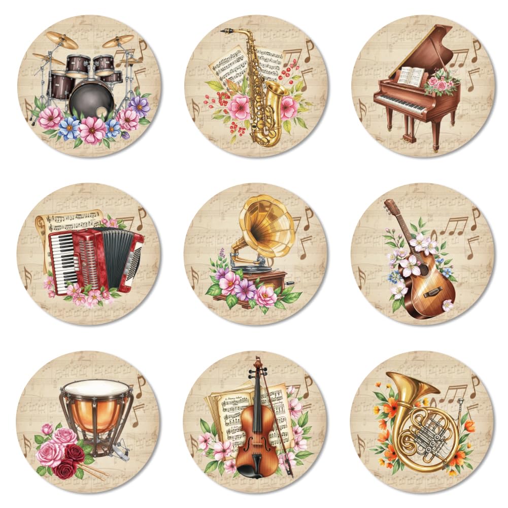 ANATTASOUL Wood Coasters Set of 9 for Drinks Vintage Musical Instrument Pattern Colorful Wooden Cup Mat for Coffee Table Decor, 3.9" Non-Slip Desk Coasters for Home, Apartment, Office, Bar Gifts