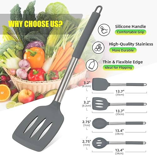 Miniatura 3 de Juego de 4 utensilios de silicona, espátulas sólidas antiadherentes, cucharas ranuradas con mango de acero inoxidable, espátulas para cocinar,