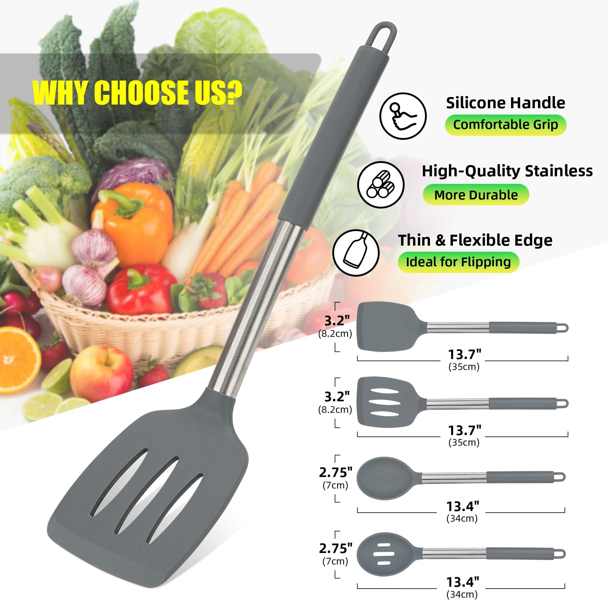 Juego de 4 utensilios de silicona, espátulas sólidas antiadherentes, cucharas ranuradas con mango de acero inoxidable, espátulas para cocinar, freír, mezclar, servir, color gris