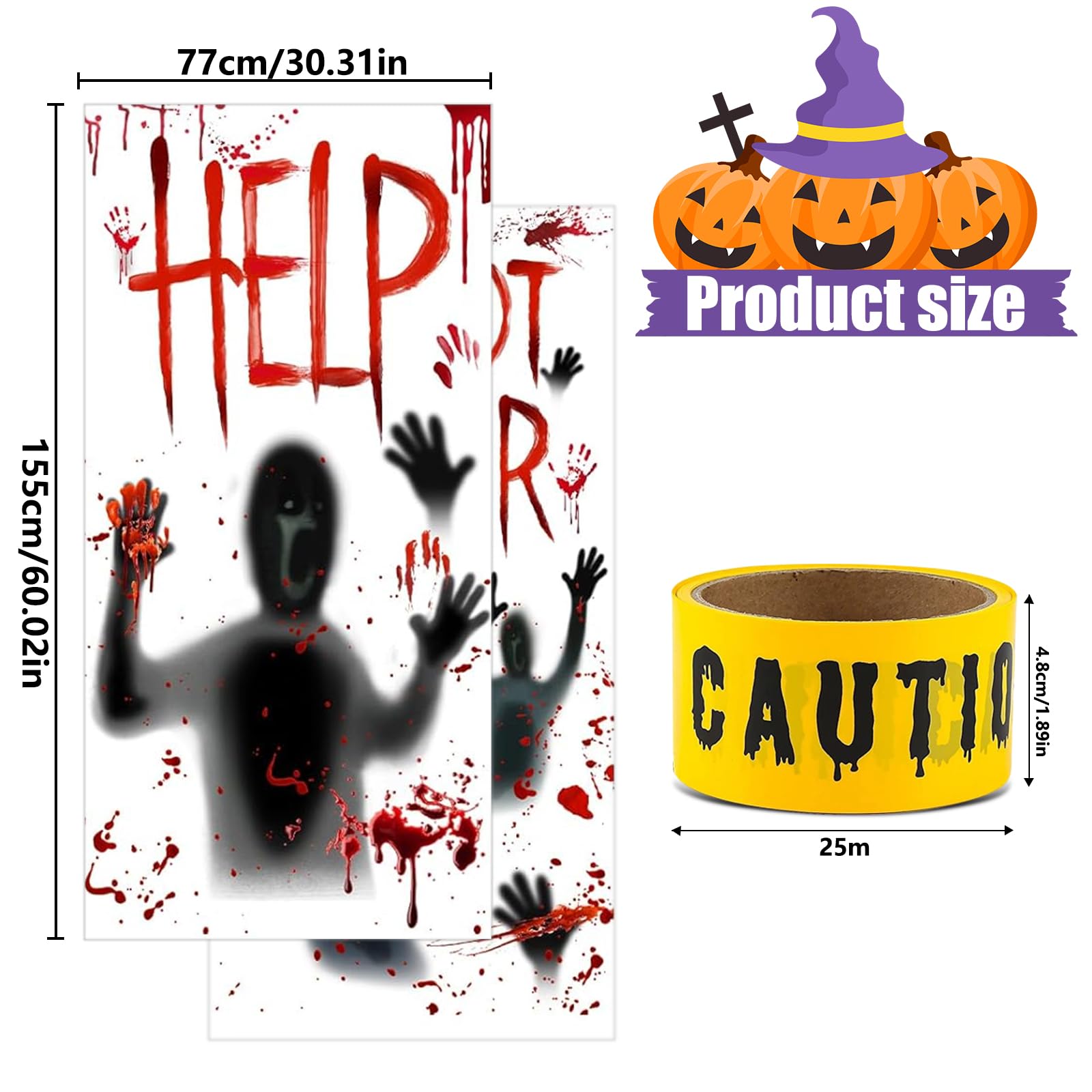TATAFUN 2 Pieces Halloween Window Stickers, 1 Yellow Caution Tape, PVC Waterproof, Glass Surface, Rectangular Stickers - Image 2