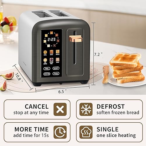 Miniatura 3 de SEEDEEM Tostadora de 2 rebanadas, pantalla táctil real con pantalla LCD, función de una sola rebanada, tostadora de acero inoxidable, calentamiento