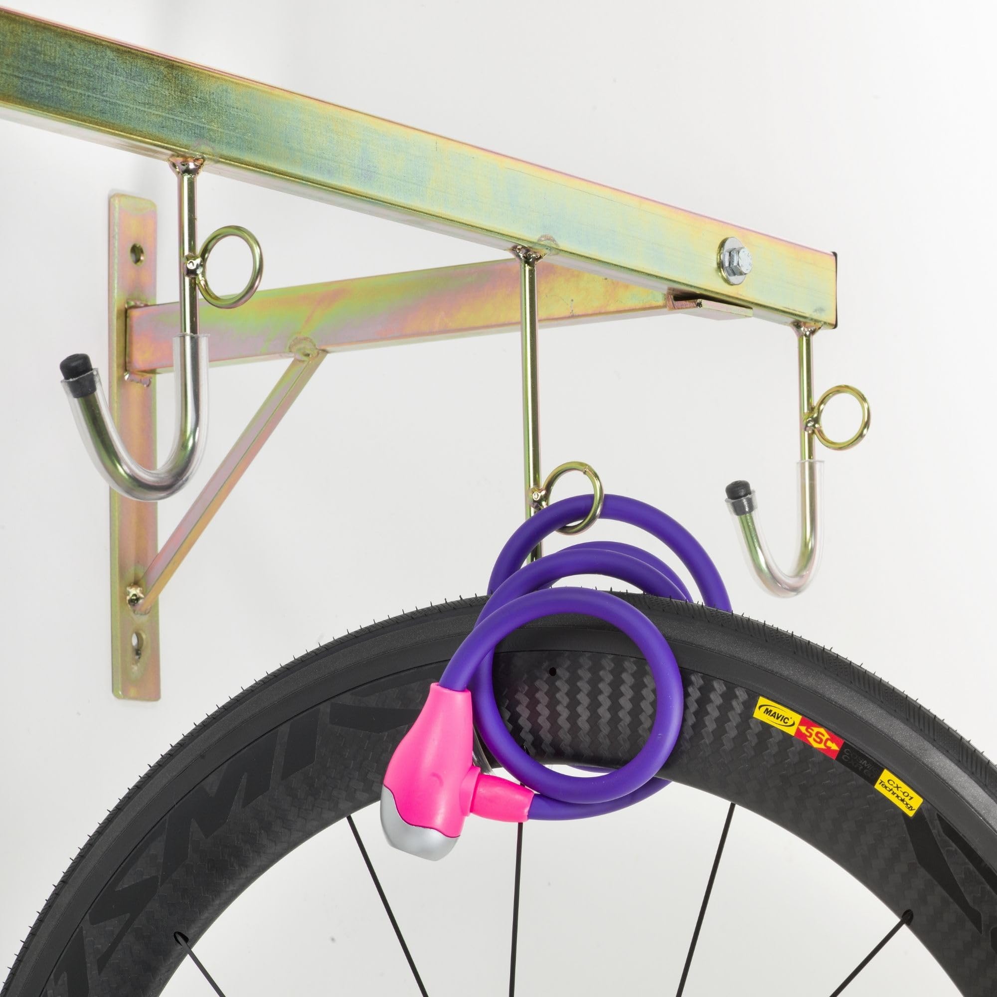 Andrys Porta Bici da Muro con Ganci e Anelli per 6 Biciclette - Supporto Appendi Bici da Muro per Interni ed Esterni - Smontabile, Facile da Installare, con Tappi Antigraffio - Acciaio Zincato (Oro)