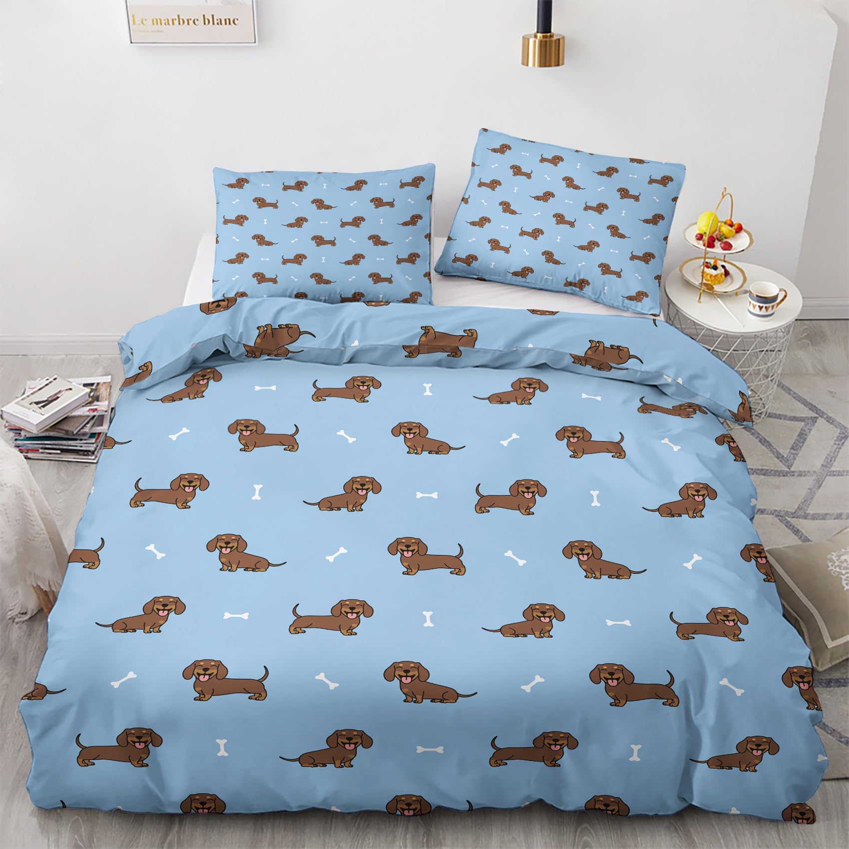 Nogawa Multicolor Dachshund Bedding Single - Cartoon Duvet Cover Single, Reversible Quilt Cover & 1 Pillowcase With Zip And Ties, Ultra Soft And Breathable Brushed Microfibre Bed Set