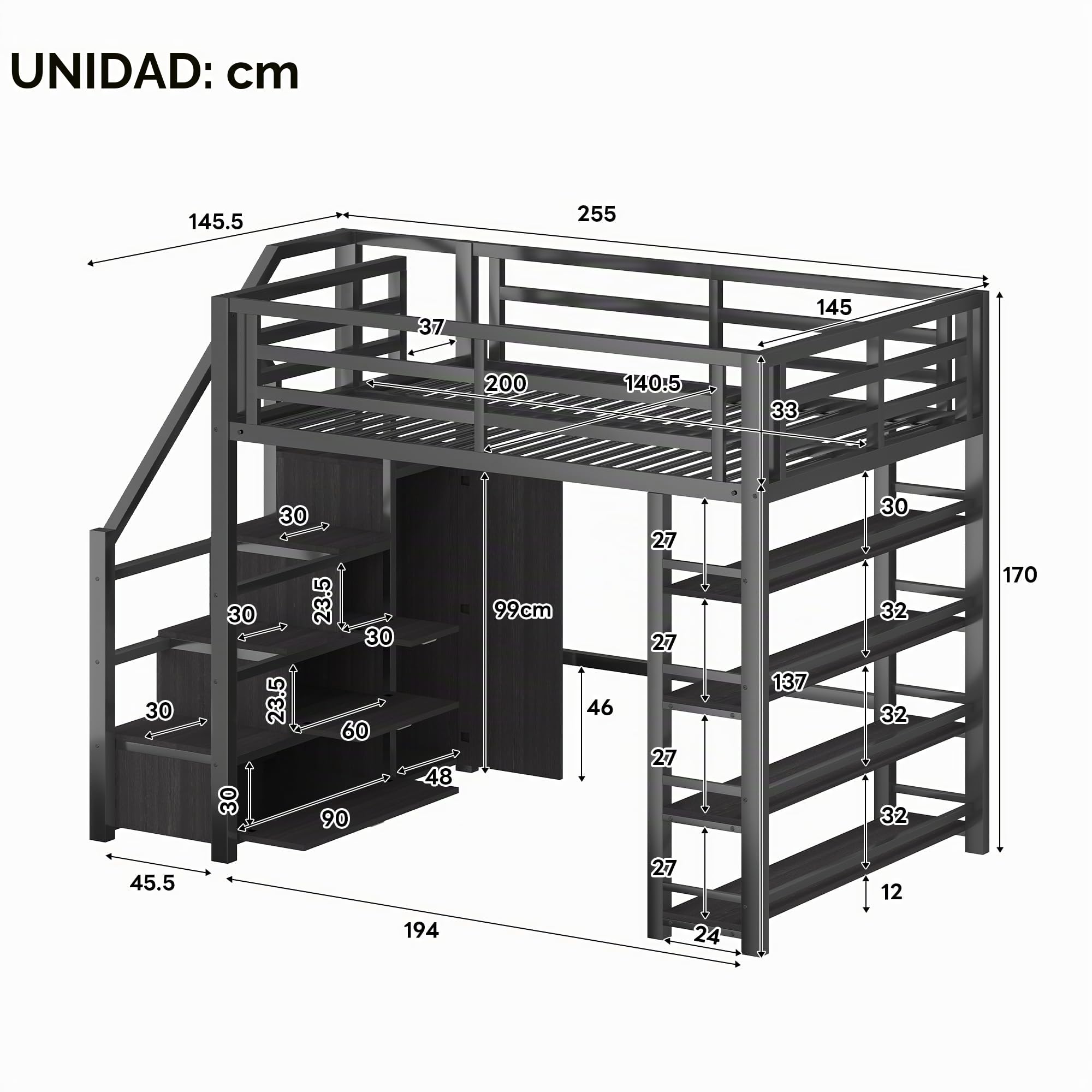 Moimhear Cama alta de metal de 140 x 200 cm, con escalera, armario, compartimentos de almacenamiento, iluminación LED, color negro