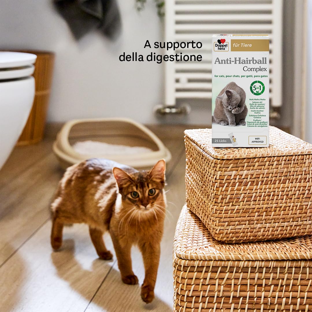 Doppelherz - Complesso Anti Hairball Doppelherz per gatti – Con fibre e oli di elevata qualità per favorire la digestione dei boli di pelo – 25 cremosi snack da leccare.