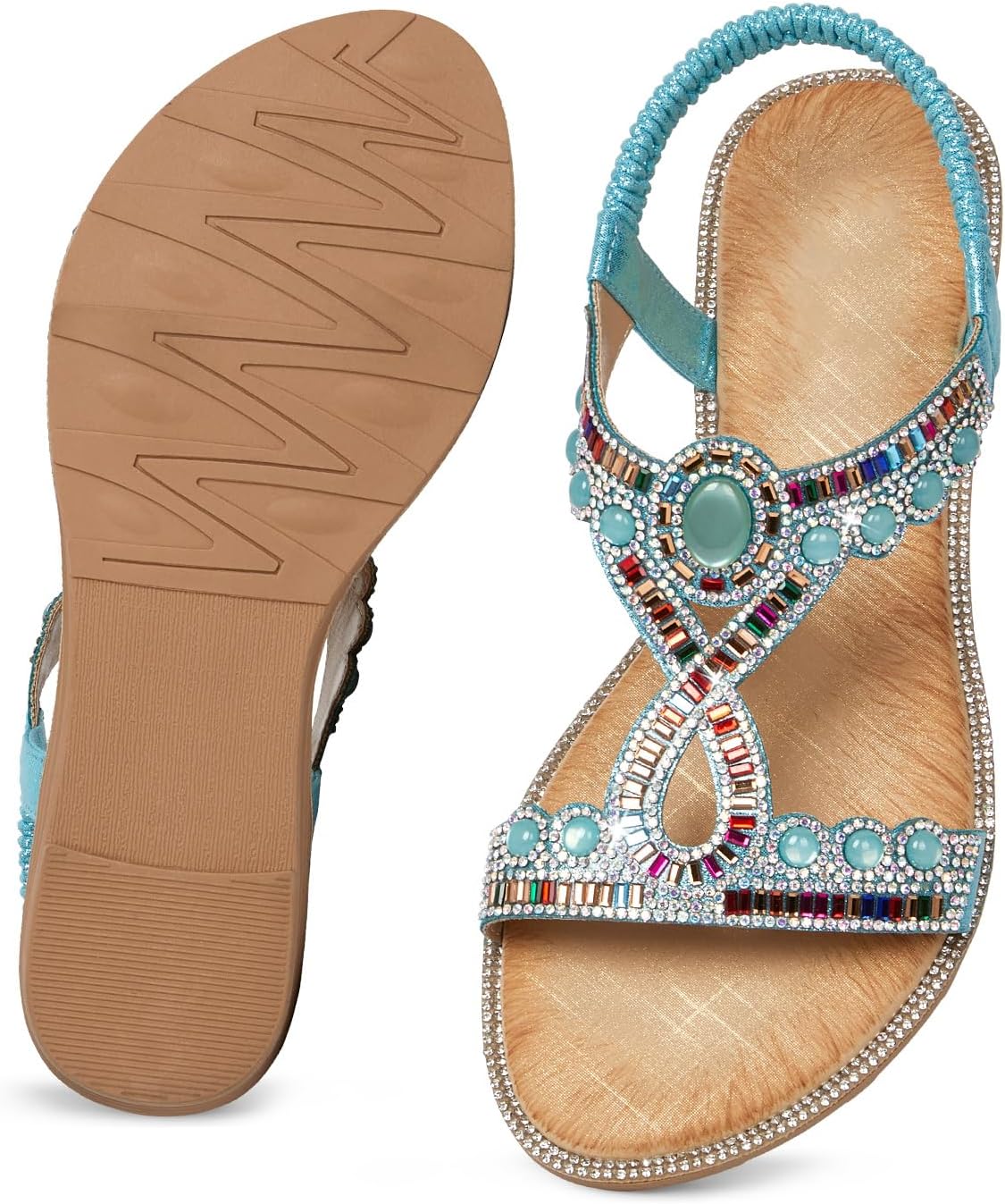 iCKER Women Rhinestone Sandals T-Strap Buckle Bohemian Pearl Crystal Flat Sandals - Image 5