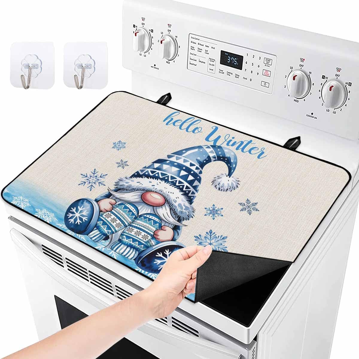 Stove Cover for Electric Stove, Happy Winter Blue Gnome Snowflakes Stove Top Cover for Glass Top, Heat Resistant Rubber Mat Foldable Cooktop Cover Top Protector, 36"x21"