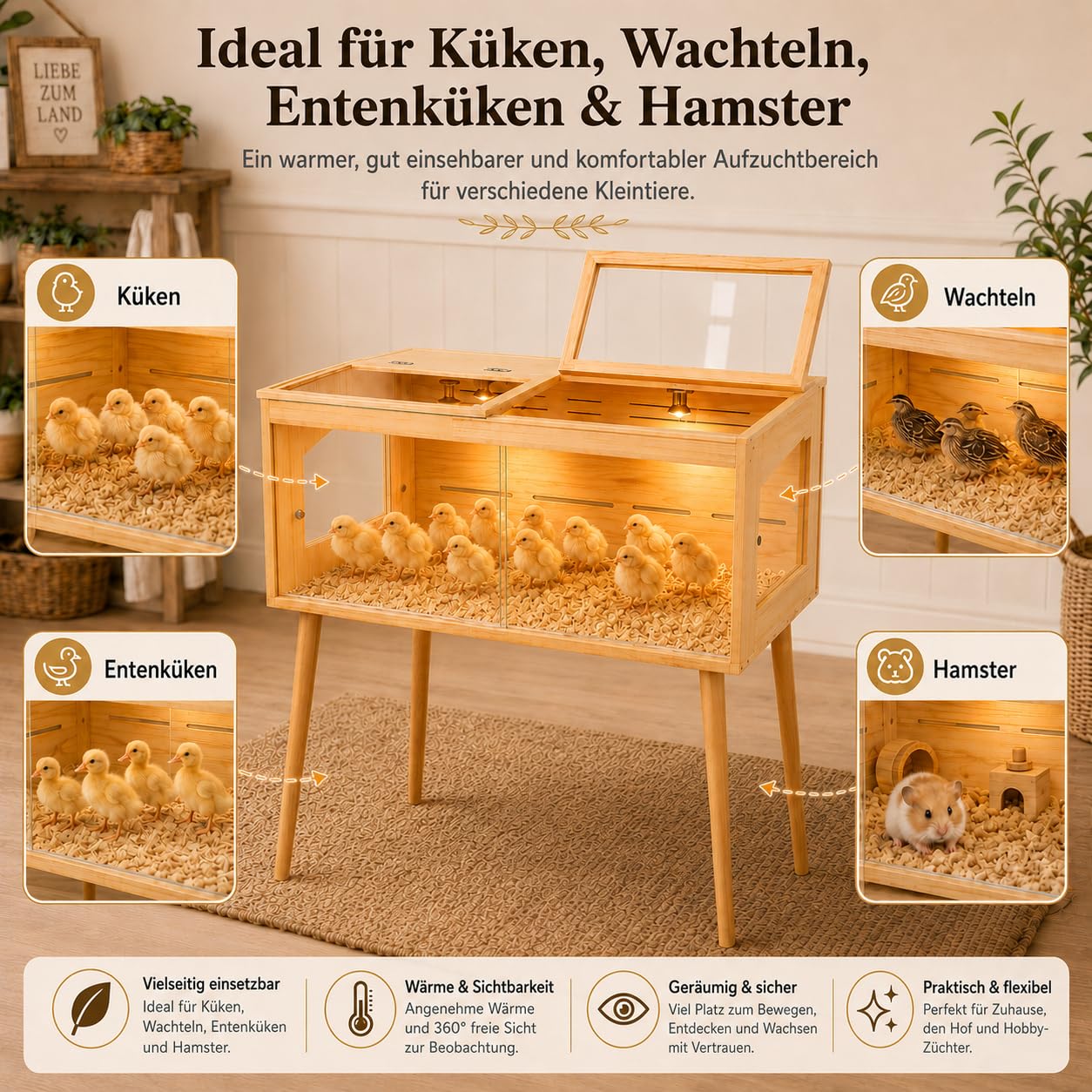Casetta per l'allevamento di pulcini, 100 x 52 x 53 cm, in legno di pino con termostato, 2 lampade termiche, finestre in acrilico, ventilazione, porte scorrevoli e gambe in legno da 70 cm, per criceti