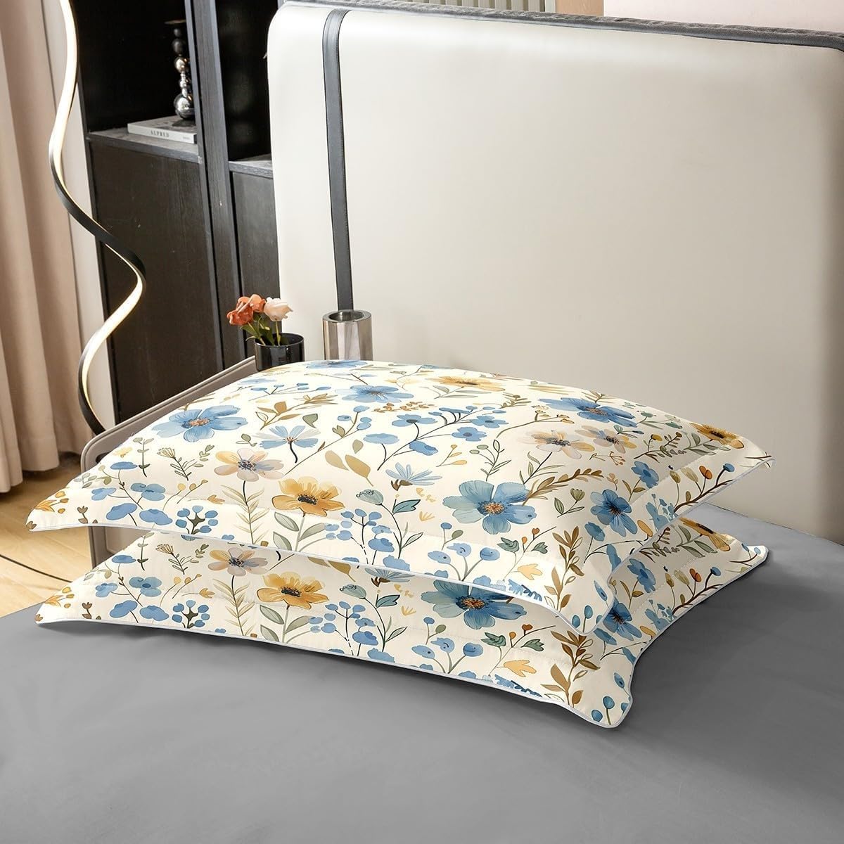 Flores Amarillo Azuladas Funda Edredon 220x240cm, Amarillo Claro Juego de Cama，Conjunto de 3 Piezas de Microfibra Suave y Transpirable, 2 Fundas de Almohada de 50x75cm AH131