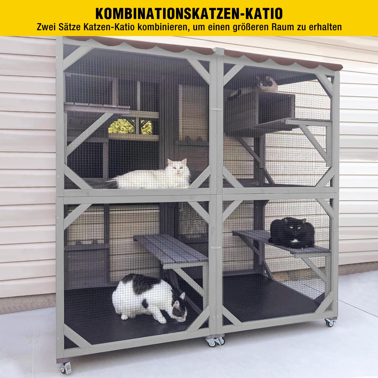 Aivituvin Katzengehege für Außenbereich, mobiles Katzenhaus Haustiergehege mit Rollen, ausgestattet mit Ruhebox, Hängematten und wasserfester Abdeckung (Grau, M)