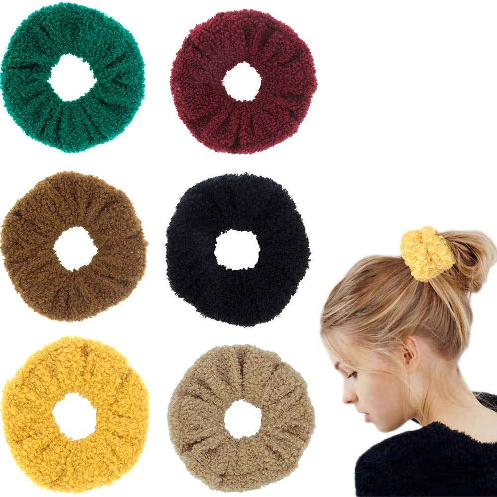 6 Pack Teddy Faux Fur Hair Scrunchies,Teddy Scrunchie,Sweet Rabbit Faux Fur Fluffy Ball Pom Pom Scrunchies, Rabbit Fluffy Maomao Hair Bands for Women Girl kid's (6 PCS, Teddy Faux Fur-B)