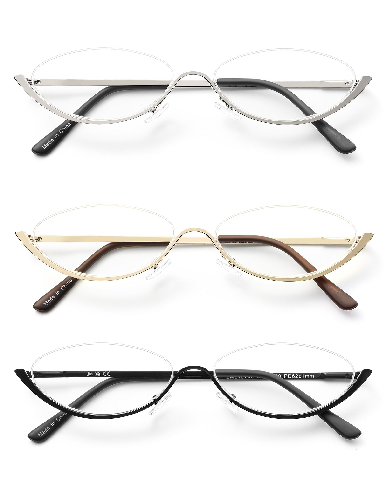 JM 3 Pack Half Frame Reading Glasses for Women Men, Slim Oval Blue Light Readers Metal Semi Rimless Eyewear +1.5